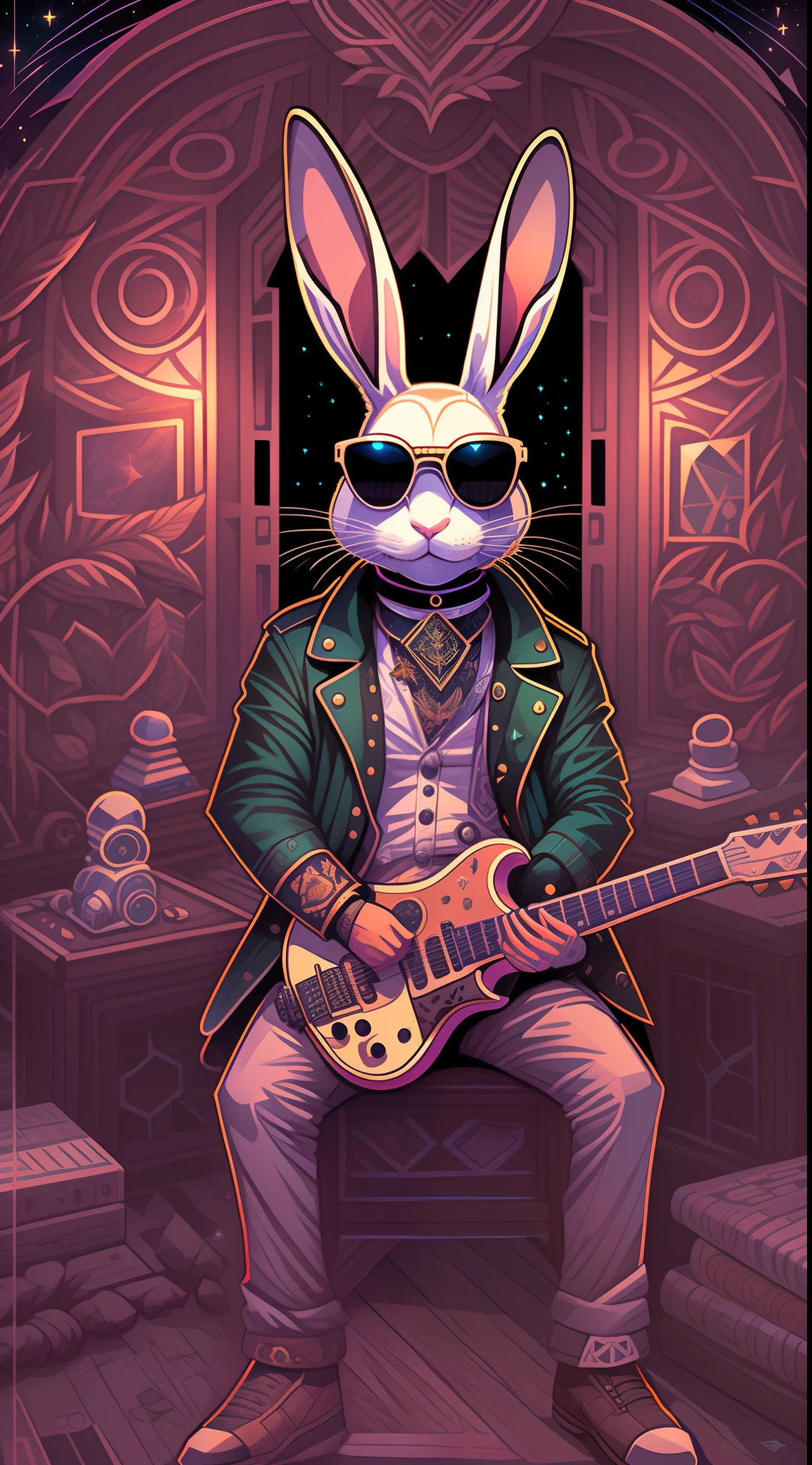 (1 little white rabbit(anthropomorphic turtle,))wearing a choker,with tattoos, sunglasses, Black leather jacket,black glove,holding guitars,Masterpiece, Centered, symetry,expert, insanely details, 4K, composition, The frames, picure, Intricate, voluminetric lighting, Beautiful, rich deep colors masterpiece, Sharp focus, Ultra detailed, in the style of dan mumford and marc simonetti, astrophotography
