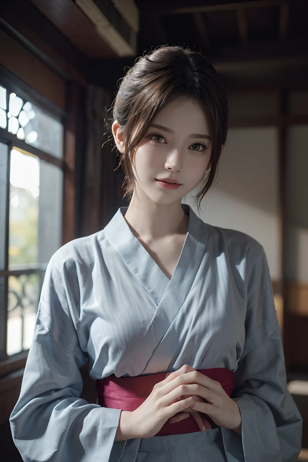 (masuter piece:1.3)、(8K、Photorealsitic、Raw photography、top-quality: 1.4)、(1girl in)、beautiful countenance、(Lifelike face)、(silber hair:1.3、short-hair:1.3)、Beautiful hairstyle、realisticeyes、Beautiful details、(real looking skin)、Beautiful skins、(kimono)、absurderes、enticing、超A high resolution、A hyper-realistic、high-detail、the golden ratio、、bilaterally symmetrical、Bright sunlight