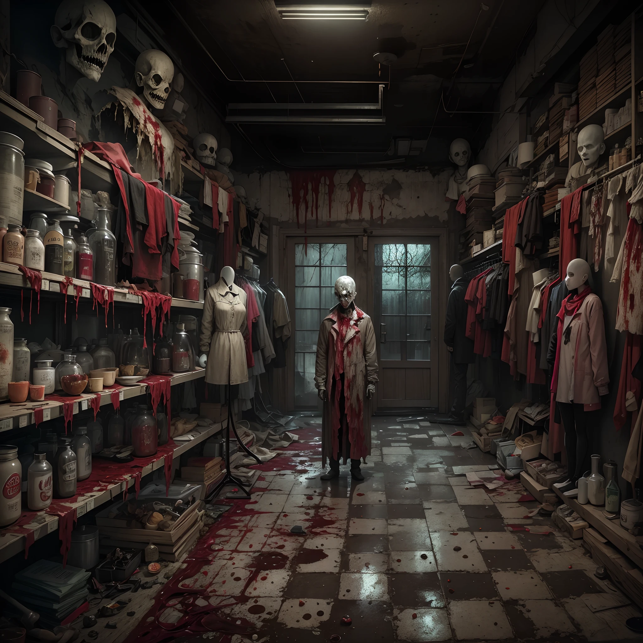 (Best quality, 4K, A high resolution, Masterpiece:1.2), (((Inside the Bloody Parts Big Store)))The shelves are full of horror, blood vessel, sci-fy ,(crowed:1.2),[Creepy mannequins], [Horrible amputation], [Bloody tools], [Rotting organs], [Terrible surgical instruments], [Disturbing dissection table], [Eerily dim lighting], [Sinister atmosphere][Creepy sculpture], [Disturbing mural], [Horror movie props], [Creepy doll head], [Haunting reflection], [Creepy shadows], [Morbid curiosity], [Creepy glass jars], [Ominous background music], [Creepy costumes], [Distorted mirror], [Menacing mannequin eyes], [Spooky abandoned aisles], [Bloody floor], [Haunted whispers], [Psychotic salesman], [Creepy window display], [Scary realistic mannequin limbs], [The screams echoed in the distance], [sinister expressions], [Weird mannequin face], [Grinding chains], [eerie fog], [Mad Scientist Lab resonates], [Bloodstained price tag], [creepy atmosphera]