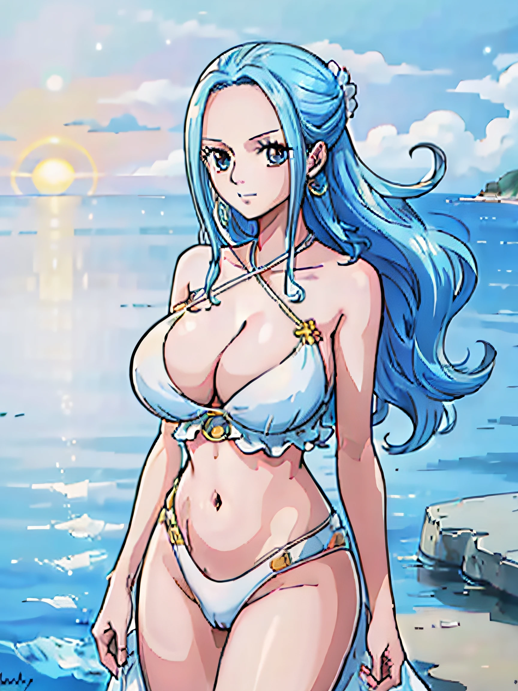 masterpiece, fine detail, 4k, 8k, 12k, solo, 1 person, beautiful girl, white female, light blue hair, vivi from one piece, (NAKED), coast, sea, sunset