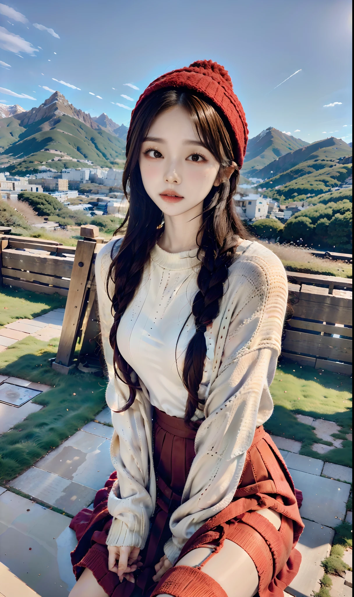 (8K、RAW Photos、Photorealsitic:1.25)、18year old、(lipgloss、Light makeup、Bomberhead、Dreadperm)、UNIQLO、Long skirt、knit、Pom pom knitted hat、plein air、Mountains of autumn leaves々