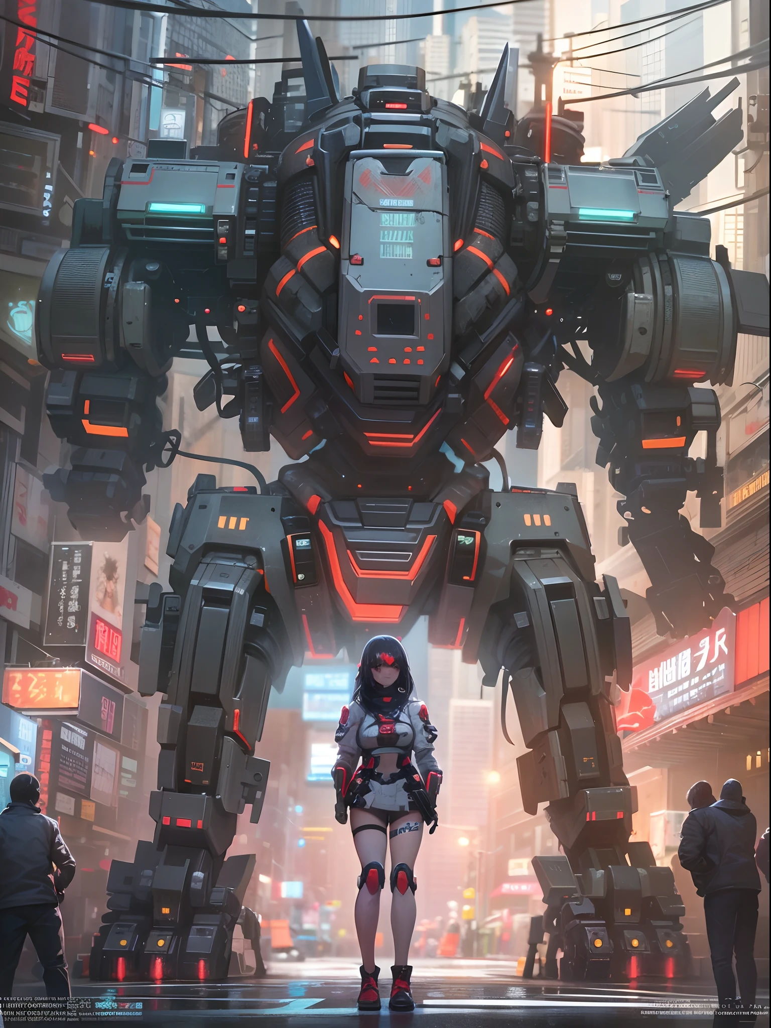 Anime girl in metal suit standing next to a giant robot, artwork in the style of guweiz, Cyberpunk anime girl mecha, Trending on CGSTATION, guweiz, By Russell Dongjun Lu, Digital Cyberpunk Anime Art, ross tran 8 k, guweiz on artstation pixiv, Girl in Mecha Cyber Armor