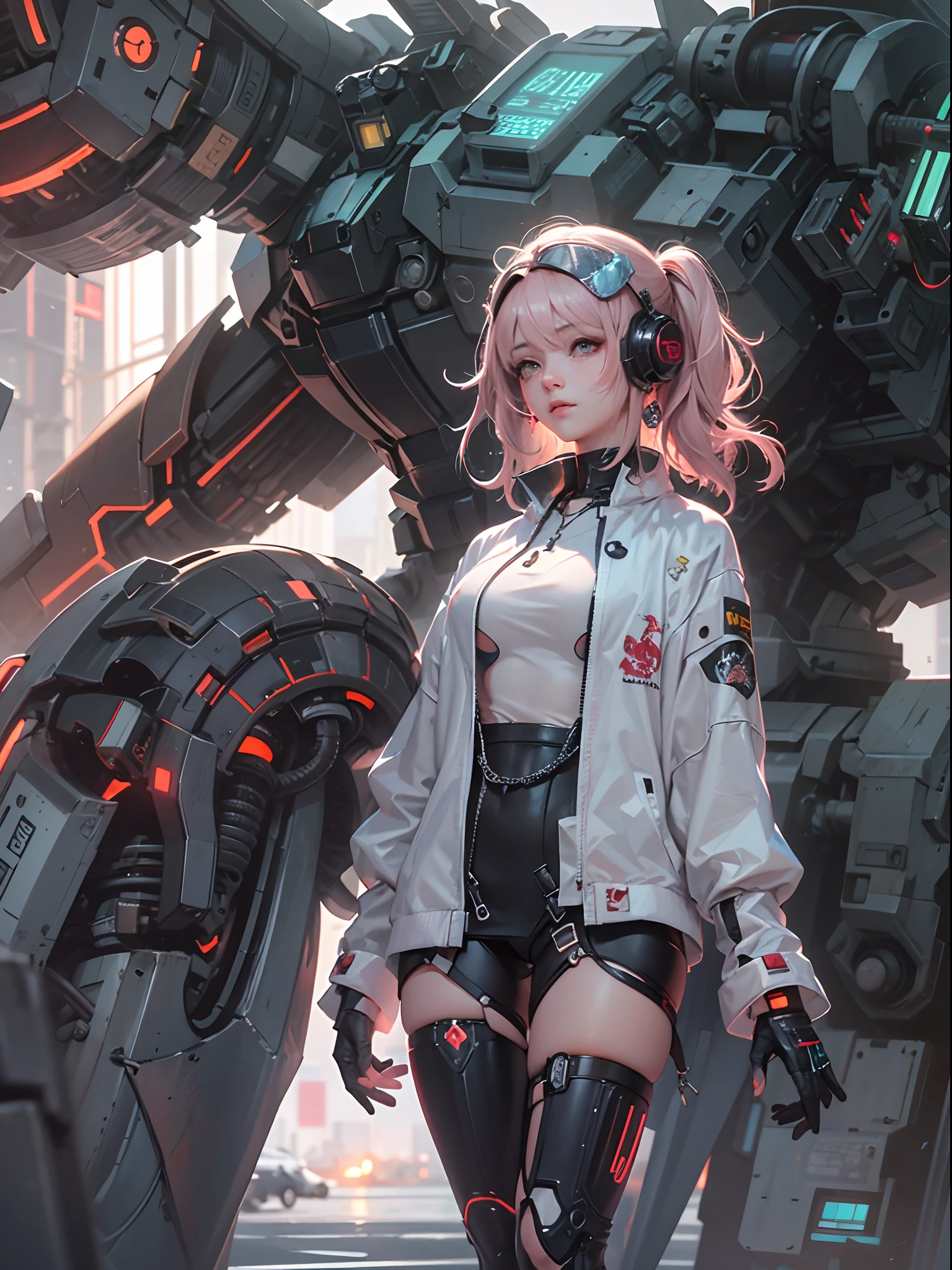 Anime girl in metal suit standing next to a giant robot, artwork in the style of guweiz, Cyberpunk anime girl mecha, Trending on CGSTATION, guweiz, By Russell Dongjun Lu, Digital Cyberpunk Anime Art, ross tran 8 k, guweiz on artstation pixiv, Girl in Mecha Cyber Armor