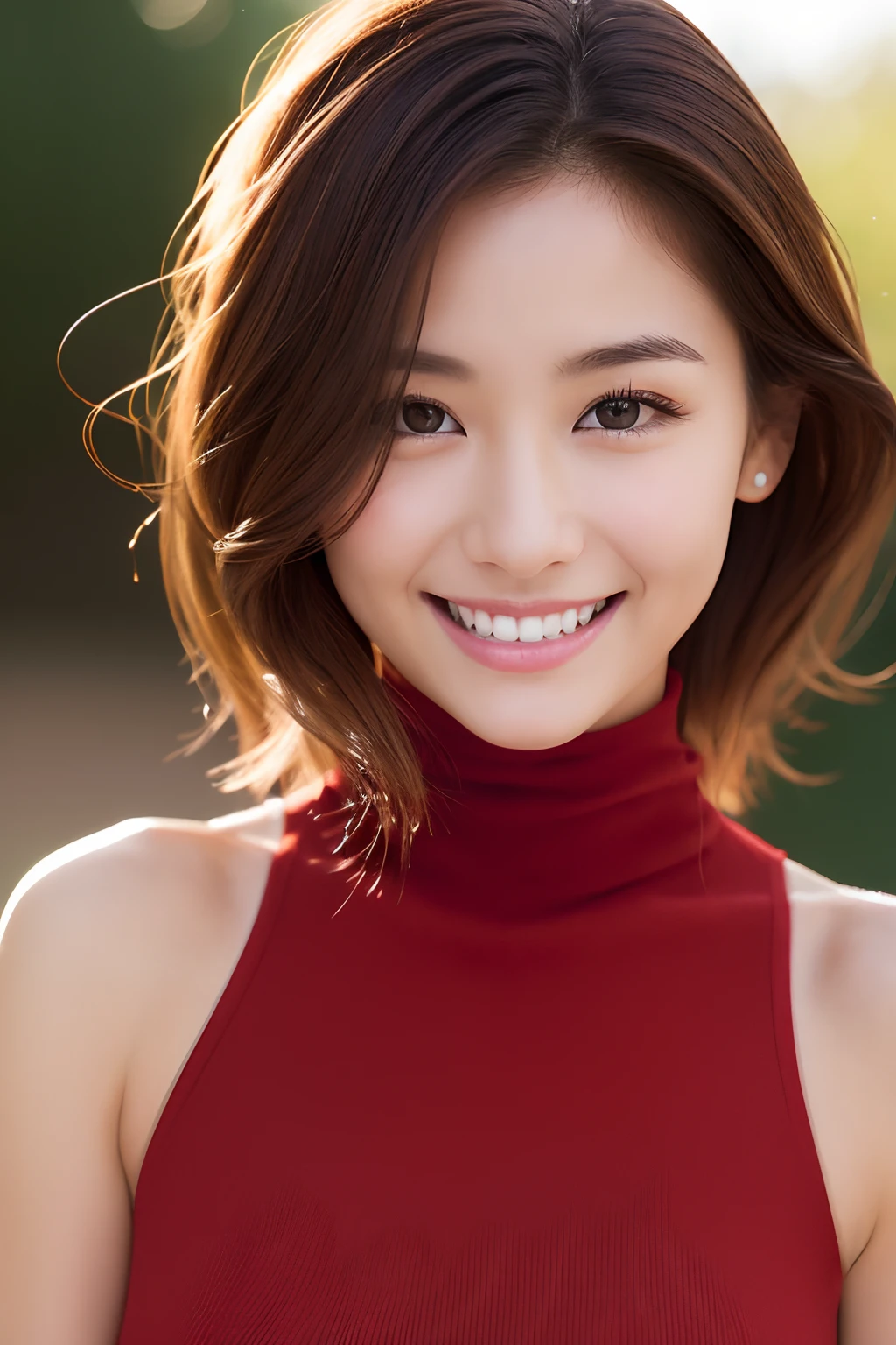 infp young woman、Halter top with red turtleneck、 Mirai_Aizawa、a smile、brown haired、glamorous、huge tit、dual、Eyes are patchy、The nose is clear、Sexy