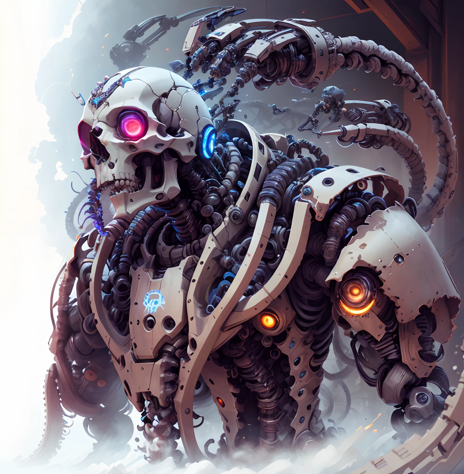 there is a drawing of a robot with a skull and tentacles, cyborg octopus, biomech, mechanized art concept, deep cyberpunk mechanoid, biomechanical details, intricate transhuman, sci - fi biomechanical, mechanical vegetal cyborg, cybernetic and highly detailed, intricate cyborg, white biomechanical details, complex cybernetic beings