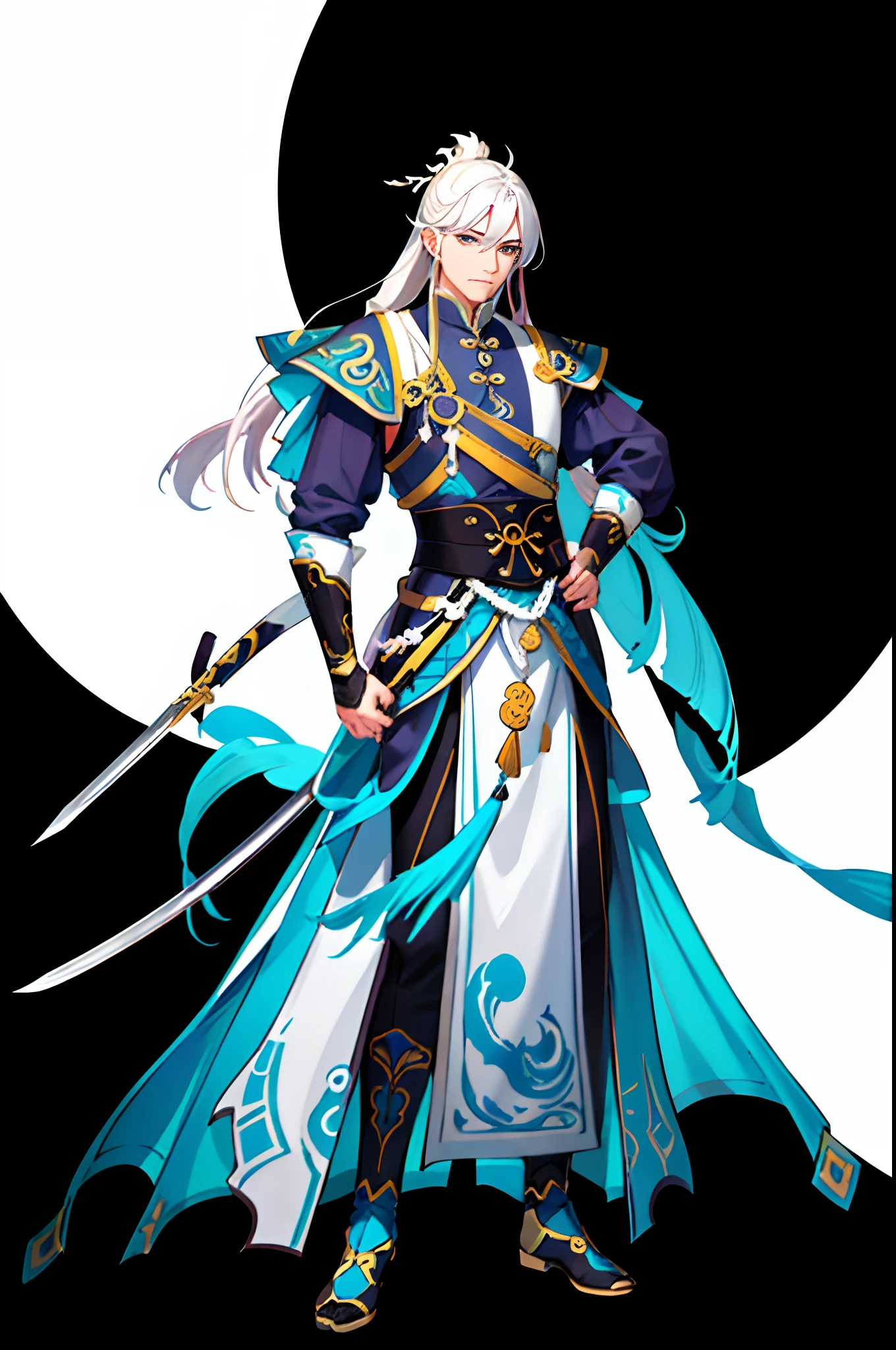 A painting of a man in a costume holding a sword, clean lineart, linear art, perfect lineart, bold lineart, lineart behance hd, Simple lines of art, Inspired by Huang Shen, Line sketch, sharp lineart, full-body xianxia, clear outfit design, thick lineart, thick black lineart, zhao yun
