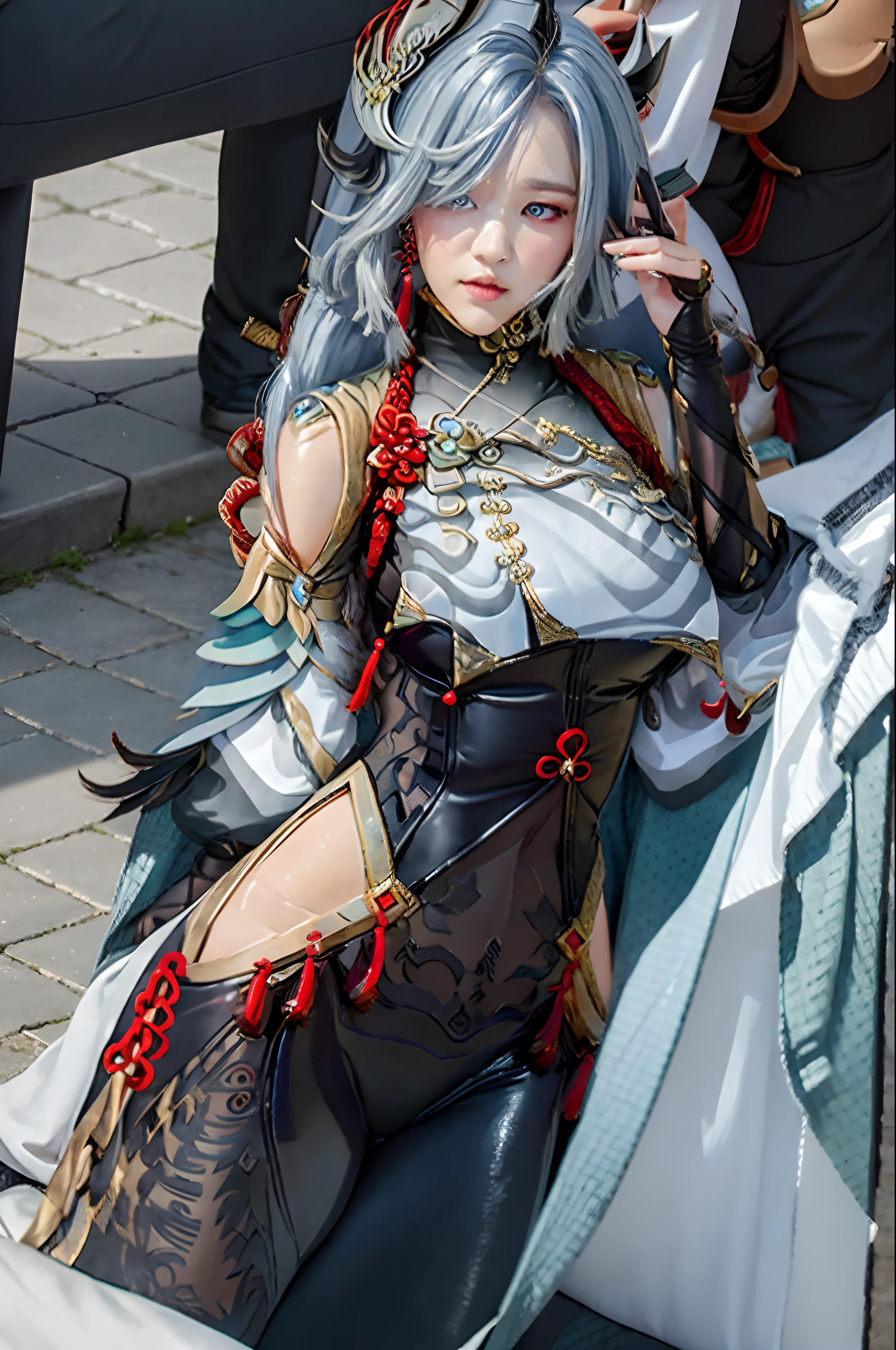 masutepiece, Best Quality,  1girl in,1 persons、shenhe \(GenshinImpact\), Grey Hair,Long hair,Hair Ornament, Blue eyes,braided ponytails,Puffy sleeves,gold trim,gloves,body suit,Large breasts,Colossal tits、Breast curtain, shoulder cut out,Covered navel,hip vent,Clothes Cutout, tassels,greybackground,