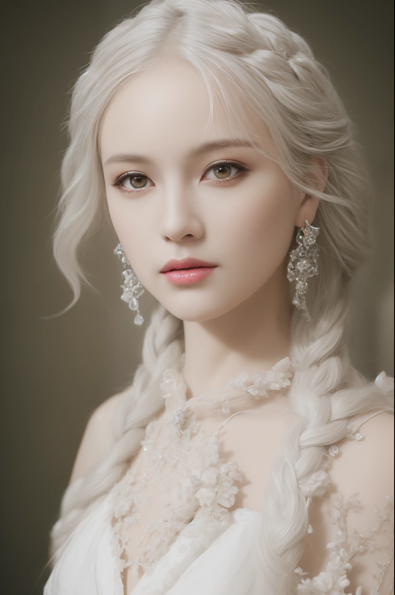 (Ultra-high quality masterpiece,A beautiful bust of a noble maiden,Classical braids,White hair,The eyes are shiny and clear,Floral craftsmanship,Crystal jewelry,Ultra-fine details,Soft lighting)