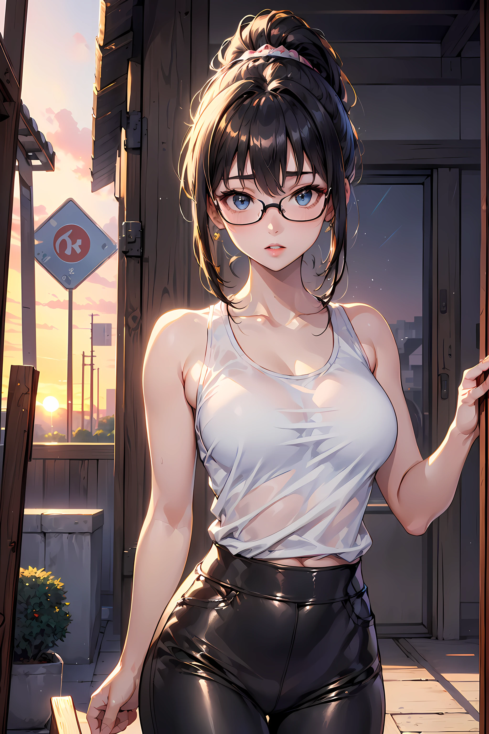 (1glasses girl:1.3, solo), (Audrey Hepburn:1.3), (a extremely pretty and beautiful Japanese woman), (sexy girl), (professional attire:1.3), (22 years old: 1.1), (walking on red carpet:1.3), (attractive random posing:1.3), (in the sunset royal garden:1.3), (looking straight at you:1.3), (starring at you:1.3), (front view:1.3), break, (ponytail:1.3), (shiny-black thin hair:1.2), bangs, dark brown eyes, beautiful eyes, princess eyes, (big eyes:1.3), bangs, wearing a glasses:1.3, Hair between eyes, short hair:1.3, (slender:1.1), (small-medium-breasts:0.95), (thin waist: 1.15), (detailed beautiful girl: 1.4), Parted lips, Red lips, full-make-up face, (shiny skin), ((Perfect Female Body)), (upper body image:1.3), Perfect Anatomy, Perfect Proportions, (most beautiful Korean actress face:1.3, extremely cute and beautiful Japanese actress face:1.3), BREAK, (View viewer, wearing a lovely bitch cordinate, (insanely detailed random color tanktop:1.3), (random color leather skin pants:1.3), (pin-heels:1.3), detailed clothes, BREAK, (detailed royal sunset colorful lots of cosmos field background:1.2), (splash playing blue butterflies background:1.2), (Studio soft lighting: 1.3), (fake lights: 1.3), (backlight: 1.3), BREAK, (Realistic, Photorealistic: 1.37), (Masterpiece, Best Quality: 1.2), (Ultra High Resolution: 1.2), (RAW Photo: 1.2), (Sharp Focus: 1.3), (Face Focus: 1.2), (Ultra Detailed CG Unified 8k Wallpaper: 1.2), (Beautiful Skin: 1.2), (pale Skin: 1.3), (Hyper Sharp Focus: 1.5), (Ultra Sharp Focus: 1.5), (Beautiful pretty face: 1.3), (super detailed background, detail background: 1.3), Ultra Realistic Photo, Hyper Sharp Image, Hyper Detail Image,