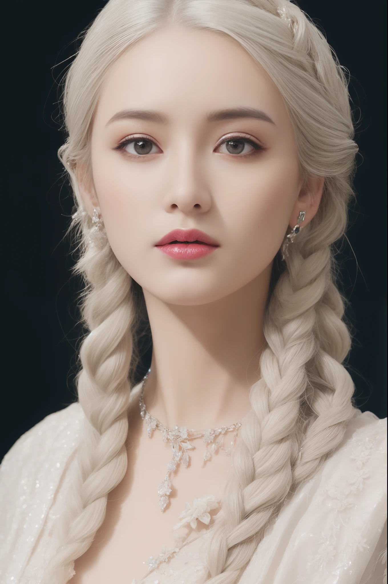 (Ultra-high quality masterpiece，A beautiful bust of a noble maiden，Classical braids，White hair，The eyes are shiny and clear，Floral craftsmanship，Crystal jewelry，Ultra-fine details，Soft lighting)