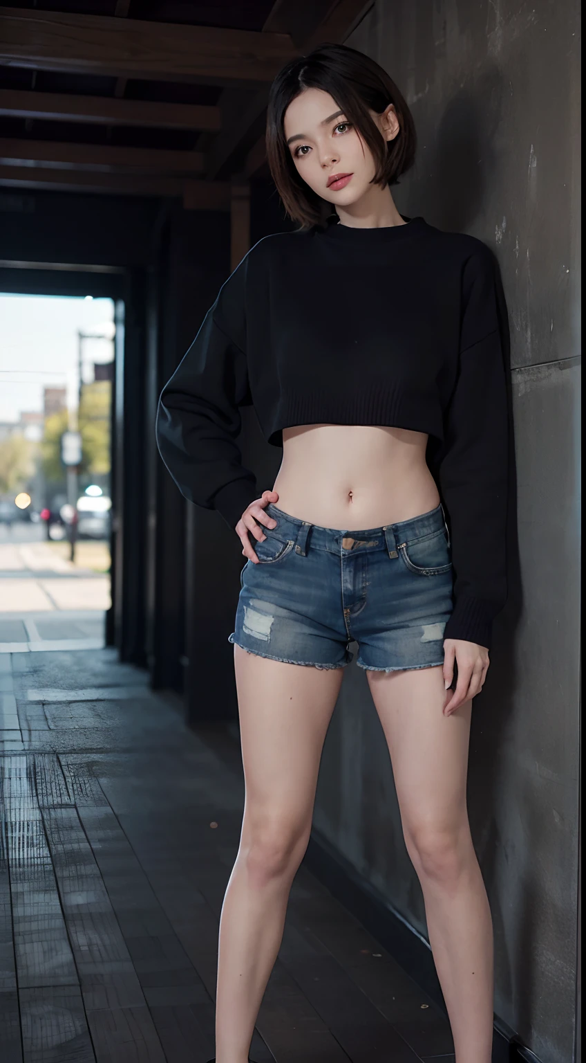 Mid-Riff Sweater、Low-rise denim shorts、Navel Ejection、full body Esbian、is standing、A slender、(masuter piece:1.3)、(8K、Photorealsitic、Raw photography、top-quality: 1.4)、(1girl in)、beautiful countenance、(Lifelike face)、(A dark-haired、short-hair:1.3)、Beautiful hairstyle、realisticeyes、Beautiful details、（real looking skin）、Beautiful skins、（Sweaters）、absurderes、enticing、超A high resolution、A hyper-realistic、high-detail、the golden ratio