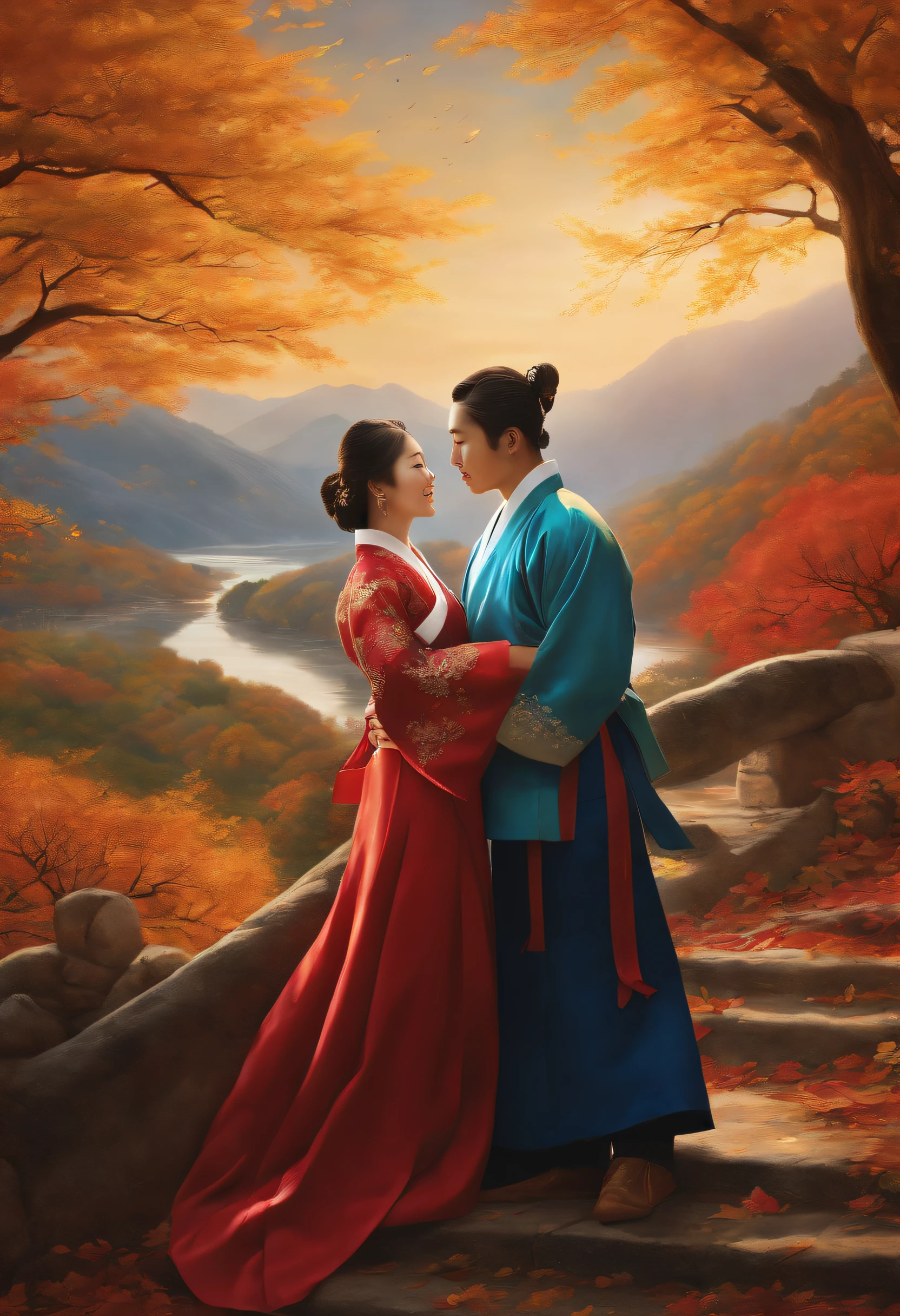 (best quality,ultra-detailed,realistic:1.37),portrait,traditional oil painting style,epic scenery,Korean couple in love,dramatic lighting,detailed facial features,breathtaking landscape,captivating atmosphere,vivid colors,romantic embrace,majestic mountains and rivers,soft and flowing clothes,endless love and passion,enduring beauty,traditional Korean hanbok,graceful movements and gestures,emotional connection between the couple,intricate details in the background,autumn foliage,serene and peaceful setting,ethereal beauty,harmonious composition,this masterpiece captures the essence of a Korean love story.