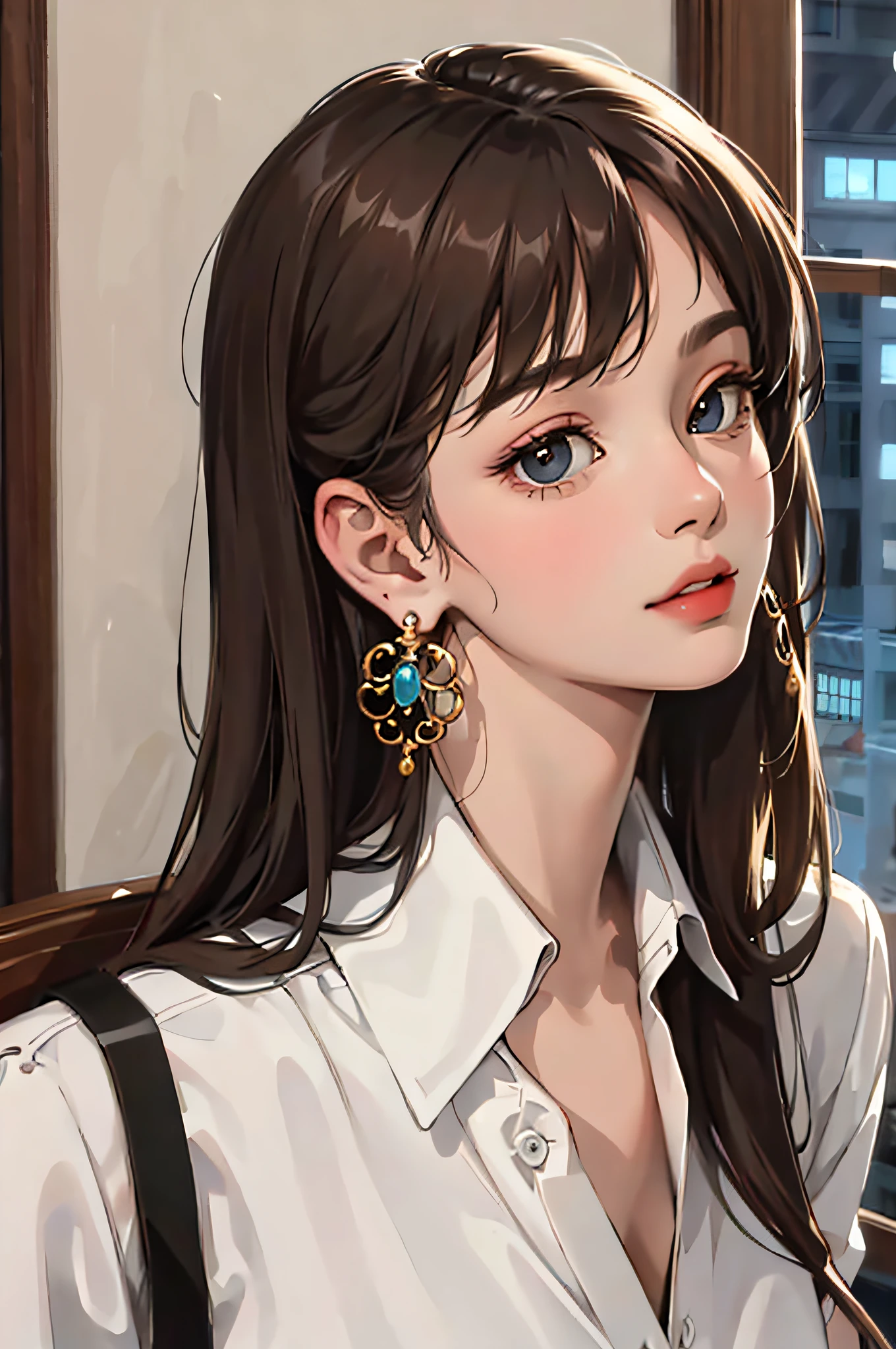 (masterpiece:1.2, best quality), (real picture, intricate details), solo, 1milf, home, close-up face, shirt, (front focus), large round earrings, Looking at me, bangs