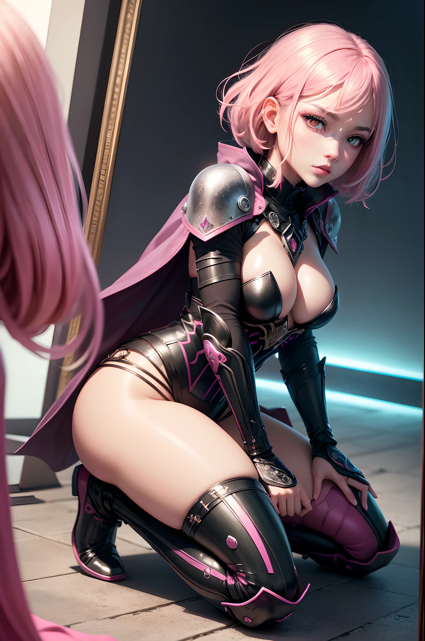 An invincible masterpiece on all fours, Ultra photo realsisim, Perfect Artwork, Intricate details, Best Quality, strong lights, High contrast, Pink and black exterior and black and pink pants and armor, (makina:1.2)(masutepiece) , (Best Quality) , (Highly detailed wallpapers CG Unity 8k) , (best character detail:1.36), wet lands, Oppressive sky, white clouds , (Delicate lines:1.24), ([Mirrors reflect water]:1.37) , (Fantasy) , cumulonimbus clouds , (The oppressive atmosphere of the host:1.14) , (cold light:1.2) , Color splattering , Colorful, full body Esbian,White background, Detailed eyes, Beautiful eyes, Detailed eyeshadow, Red Eyes, Red Lipstick, wariza, hair adornments, Simple background, cube hair ornament,Short bob blonde hair, 1womanl, hightquality　real looking skin　超A high resolution