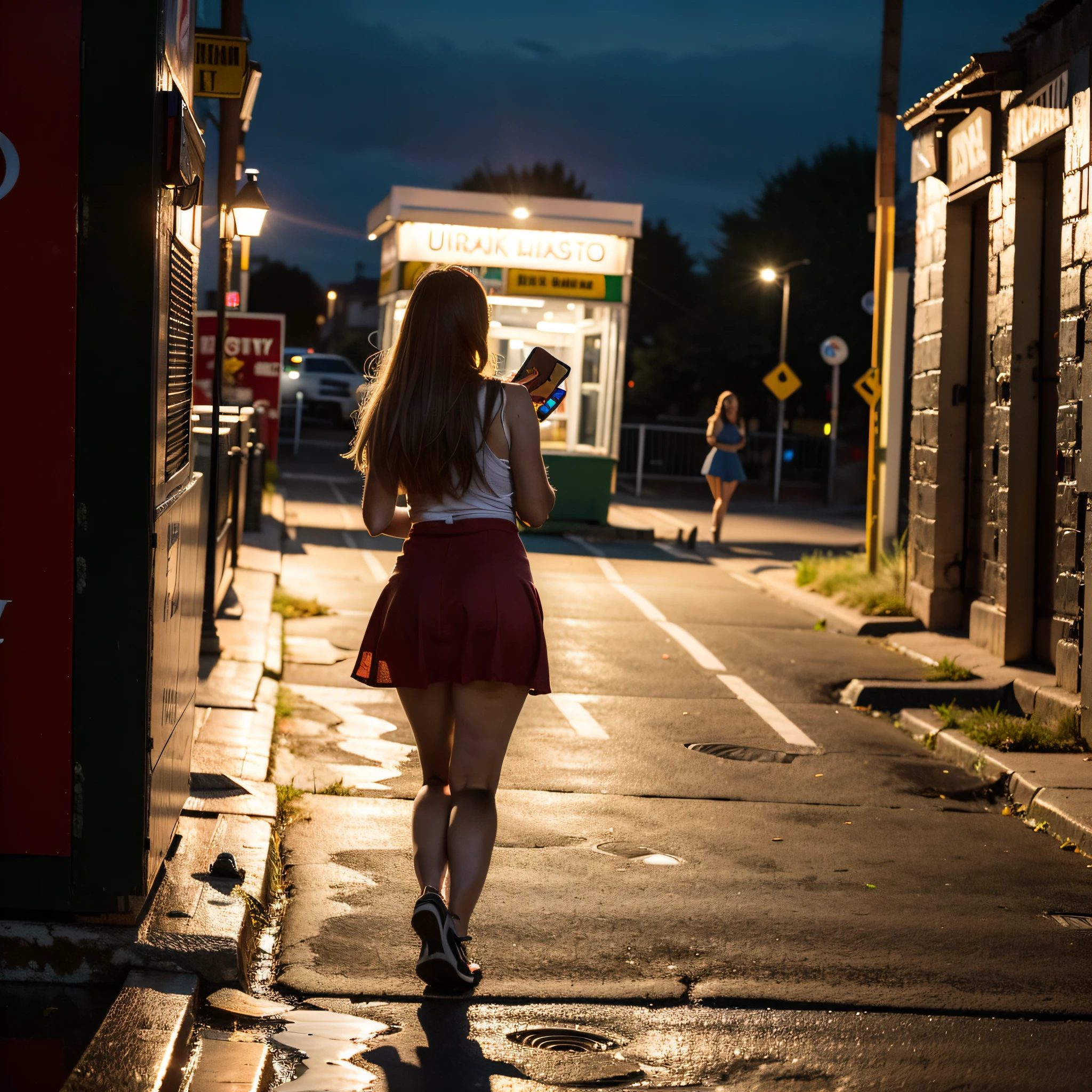 (1girl), (solo girl:1.3), Girl wearing a long evening red dress, windyupskirt, wind rises her skirt showing her perfect ass. Beautiful face, Mobile phone in her hand. She walks down NY streets. garbage dumpsters aroud, off-end road. City landscape. Alluring and sexy expression, Beautiful perfect face. Closed eyes, slightly open mouth, smooth skin, real pores, (windyupskirt), from behind, best quality, fine details, {{masterpiece, best quality, extremely detailed CG, unity 8k wallpaper, cinematic lighting, lens flare}}. ((extreme detail)), (ultra-detailed), best quality, ultra high res, (8k, RAW photo, masterpiece, realistic, photorealistic:1.4), 8k uhd, dslr, absurdres, ray tracing, high quality texture, intricate details, detailed texture, finely detailed. Dramatic dark lights, night illumination