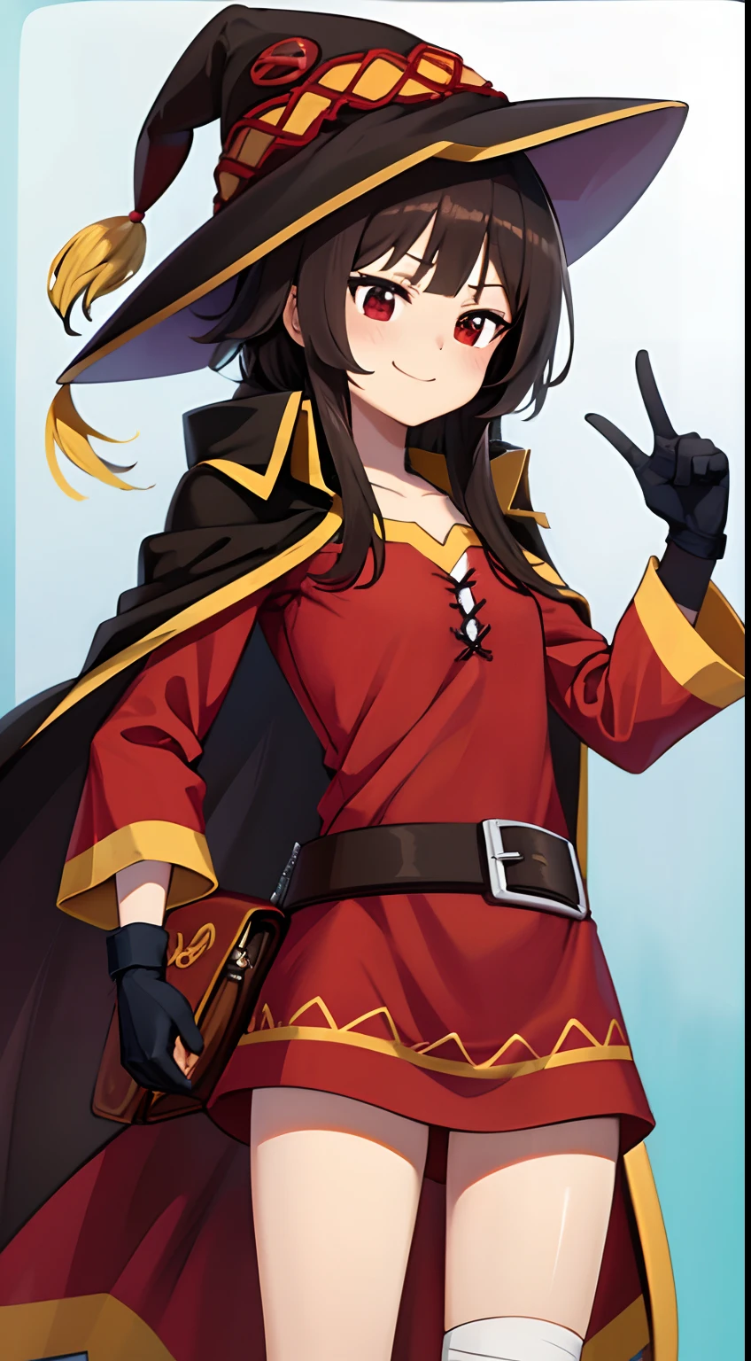 masutepiece, Best Quality, hightquality ,  Megu KJ , Holding, Belt bag, bandaged, single thighhigh , Bandaged Legs, Meg Dress, Megu has, gloves, Cape Megou,cowboy  shot、A smile、Hats