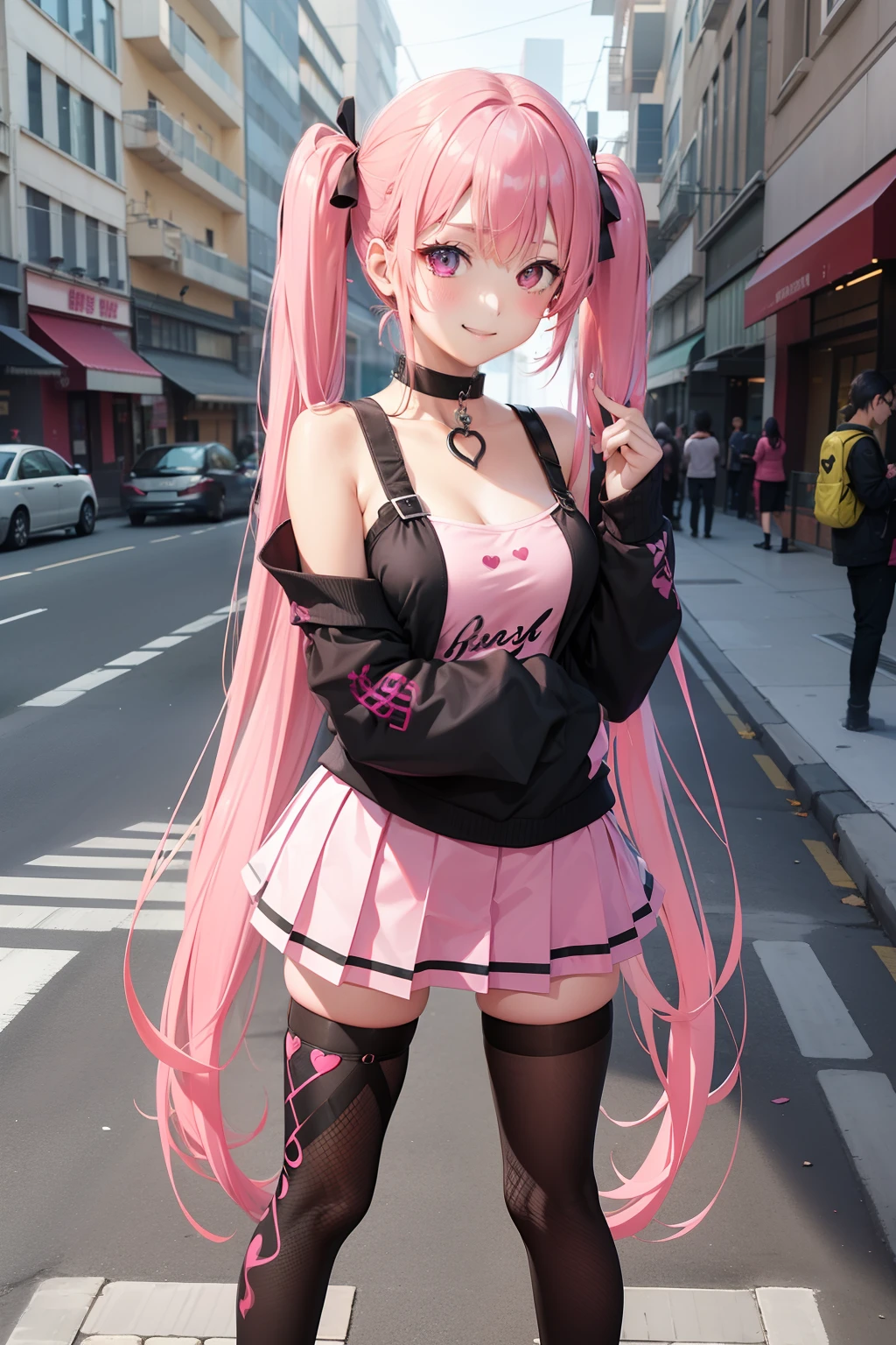 full body Esbian, masutepiece: 1.2, Highest Quality), (Live-action, elaborate details), (1 Lady, Solo, Upper body,) Clothing: Edgy, Black long jumper, pink miniskirt, long hair with pink twin tails,,,,,,,,,,,,,、Avant-garde, Experimental appearance: Long pink twin tail hair 、Heart-shaped choker、The location: bustling city、Solo, Nice smile、Value Creation in Mixed Media Art: individuality, authenticity, Creative expression