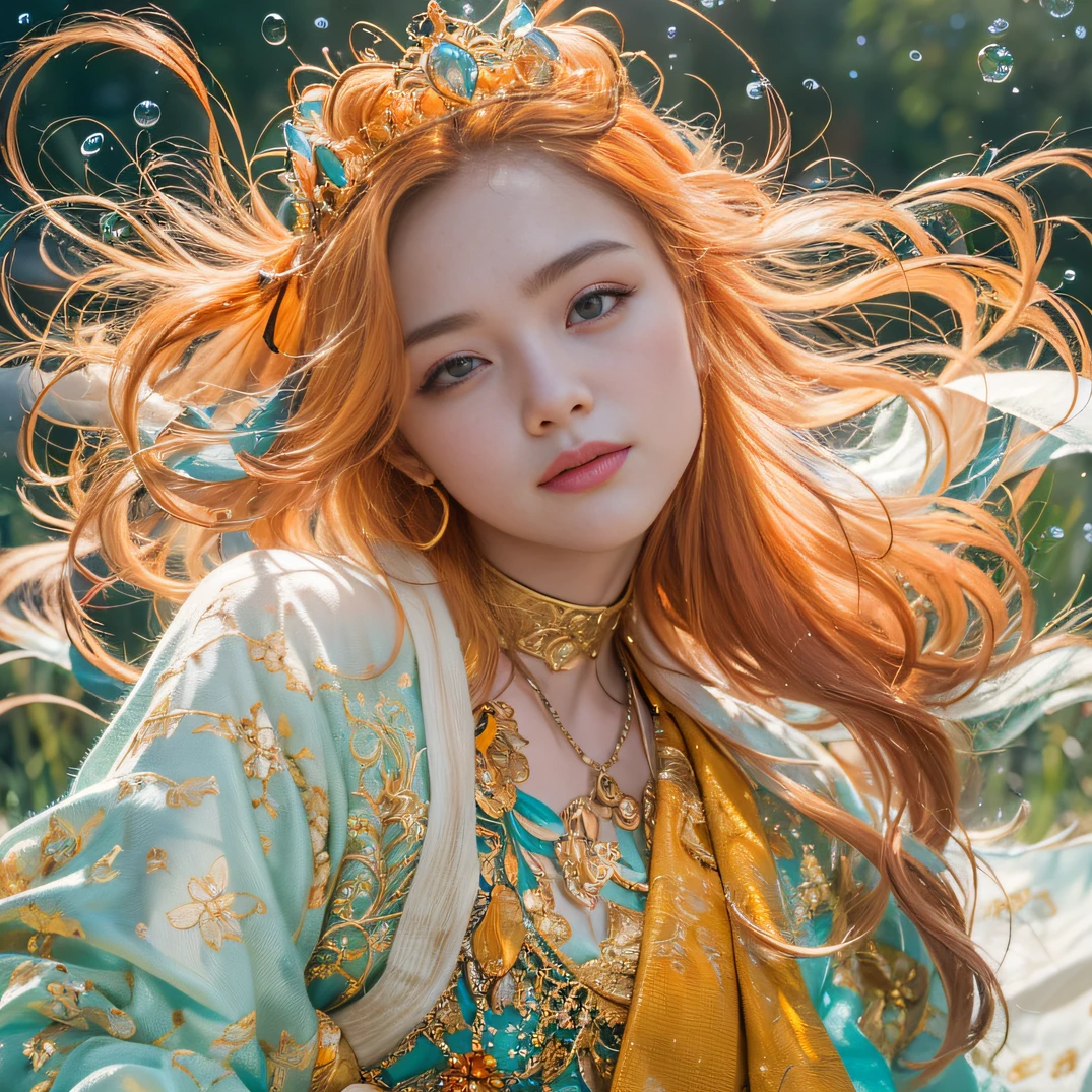 cyan colors，blue colors，enamel，agates，A flesh-colored world，Blood Girl 32K（tmasterpiece，k hd，hyper HD，32K）Long flowing bright orange hair，blood pond，zydink， a color，Grumpy （Post-halo）， （Linen scarf）， Combat posture， looking at the ground， long whitr hair， Floating bright orange， Fire cloud pattern gold tiara， Chinese long-sleeved gold silk burgundy garment， （Abstract metaverse splash：1.2）， white backgrounid，Lotus vitality protector（realisticlying：1.4），Bright purple hair，Smoke on the road，The background is pure， A high resolution， the detail， RAW photogr， Sharp Re， Nikon D850 Film Stock Photo by Jefferies Lee 4 Kodak Portra 400 Camera F1.6 shots, Rich colors, ultra-realistic vivid textures, Dramatic lighting, Unreal Engine Art Station Trend, cinestir 800，A girl with long flowing bright orange hair，Huge multicolored bubbles