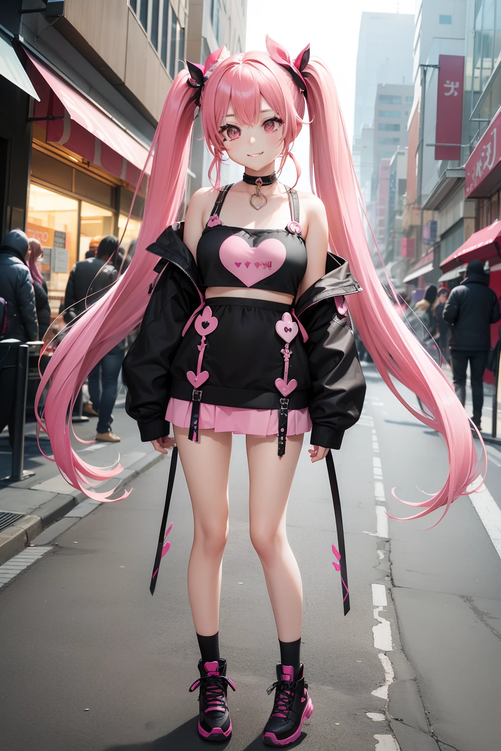 full body Esbian, masutepiece: 1.2, Highest Quality), (Live-action, elaborate details), (1 Lady, Solo, Upper body,) Clothing: Edgy, Black long jumper, pink miniskirt, long hair with pink twin tails,,,,,,,,,,,,,、Avant-garde, Experimental appearance: Long pink twin tail hair 、Heart-shaped choker、The location: bustling city、Solo, Nice smile、Value Creation in Mixed Media Art: individuality, authenticity, Creative expression