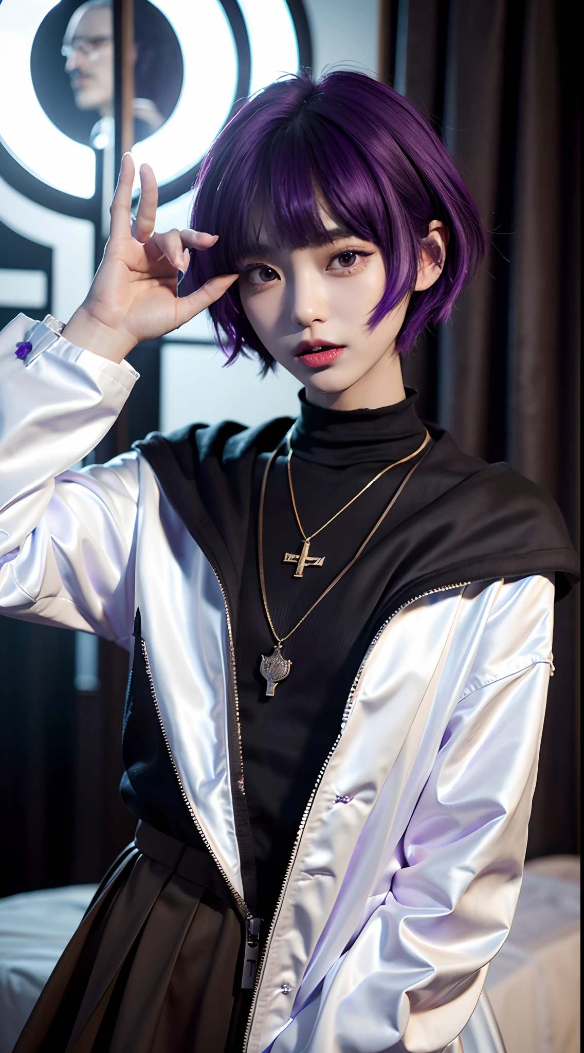​masterpiece, top-quality, 1male people,, Adults, tall, finely eye and detailed face, intricate detailes, ((Korean fashion in black and white)), window, Happiness, tenderness, high-level image quality、tall、The upper part of the body、nightfall、nighttime scene、𝓡𝓸𝓶𝓪𝓷𝓽𝓲𝓬、Korean Male, Idol Photos, k pop, Professional Photos, Vampires, Korean fashion in black and white, Fedoman with necklace, inspired by Sim Sa-jeong, androgynous vampire, :9 detailed face: 8, extra detailed face, detailed punk hair, ((eyes are brown)) baggy eyes, Seductive. Highly detailed, semi realistic anime, Vampires, hyperrealistic teen, delicate androgynous prince, imvu, Bangs hide both eyes、invisible, short hair above the ears, Man with short hair, ((Purple hair man with wild expression)), ((Man with short hair in bright purple))