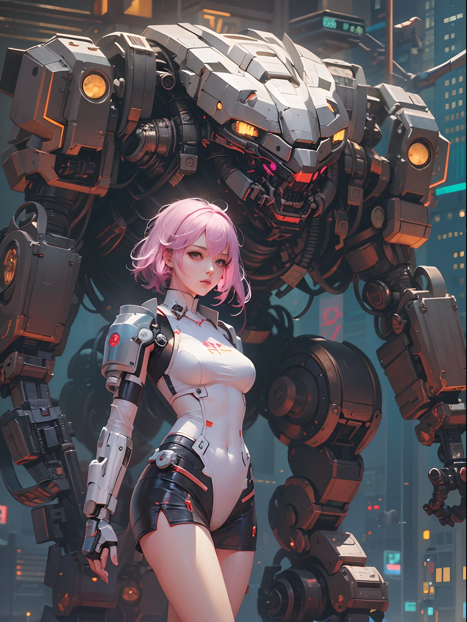 Anime girl in metal suit standing next to a giant robot, artwork in the style of guweiz, Cyberpunk anime girl mecha, Trending on CGSTATION, guweiz, By Russell Dongjun Lu, Digital Cyberpunk Anime Art, ross tran 8 k, guweiz on artstation pixiv, Girl in Mecha Cyber Armor
