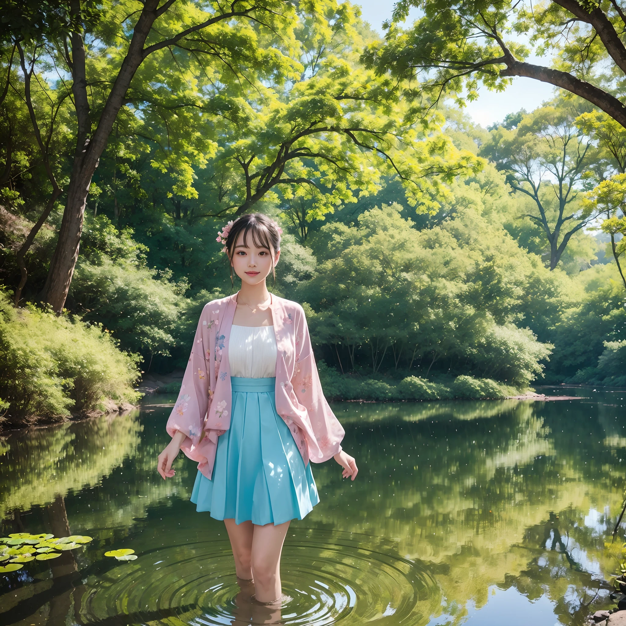 In the heart of a tranquil park, a beautiful girl graces the scenery with her vibrant presence. She is adorned in a kaleidoscope of colors, her attire a testament to the harmony of nature and artistry. A flowing skirt, painted in shades of soft lavender and gentle teal, ripples like a tranquil pond, mirroring the peaceful surroundings.
Her blouse, a delicate blush pink, complements the natural palette, evoking the tender blossoms that adorn the park's gentle trees. Around her neck, a scarf with intricate floral patterns whispers of nature's own design, while earrings and accessories in playful shades of coral and gold add a touch of whimsy to her ensemble.
As she strolls along the winding pathways, her every step seems to blend seamlessly with the rustling leaves and the distant songs of birds. The dappled sunlight, filtering through the lush canopy, caresses her features, highlighting the gentle curve of her smile and the sparkles in her eyes.
The park's pond, serene and reflective, mirrors the azure sky and the verdant surroundings, creating a dreamlike tableau. In this idyllic haven, the beautiful girl stands as a living embodiment of nature's grace and the joy it imparts. Her colorful attire harmonizes effortlessly with the peaceful landscape, weaving a tapestry of beauty, tranquility, and timeless elegance. Together, they form a scene of enchanting serenity that captivates all who behold it.