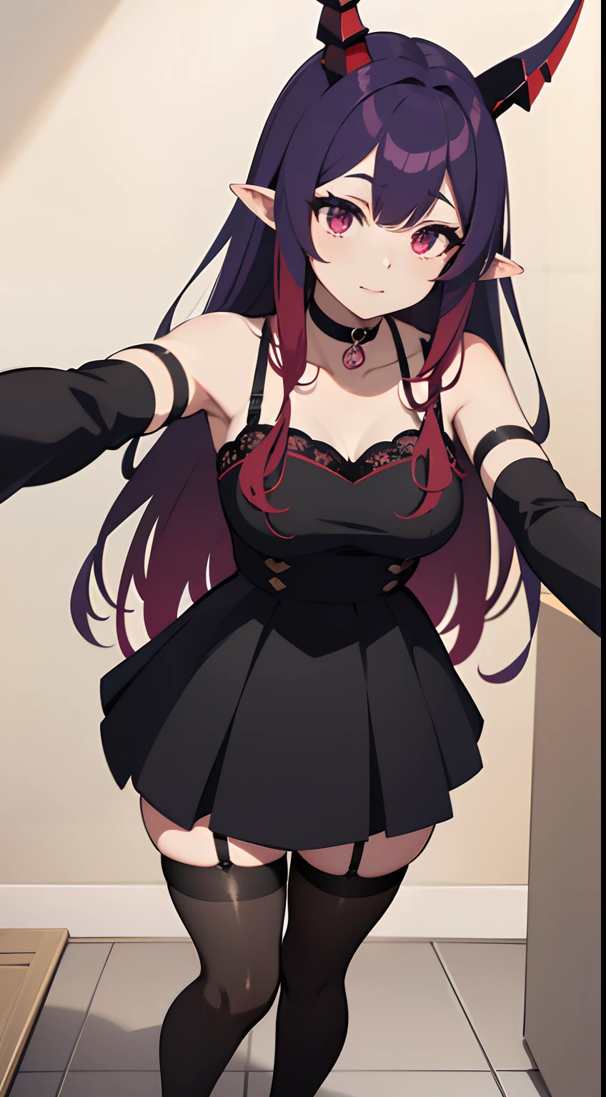 Create an anime girl with horns. She has medium-length dark purple hair with red highlights, and bangs. She has pointy ears poking out of her hair, and is wearing a black and purple dress with a lace pattern, knee-length stockings, and combat boots. Her horns are pointed, thin, and black, with red patterns on them. She has a friendly and alluring expression, with a hint of playfulness in her eyes. Her figure is confident and relaxed, and she is holding a camera in front of her as if she's taking a selfie. Overall, she has an otherworldly beauty that is both mesmerizing and intimidating.