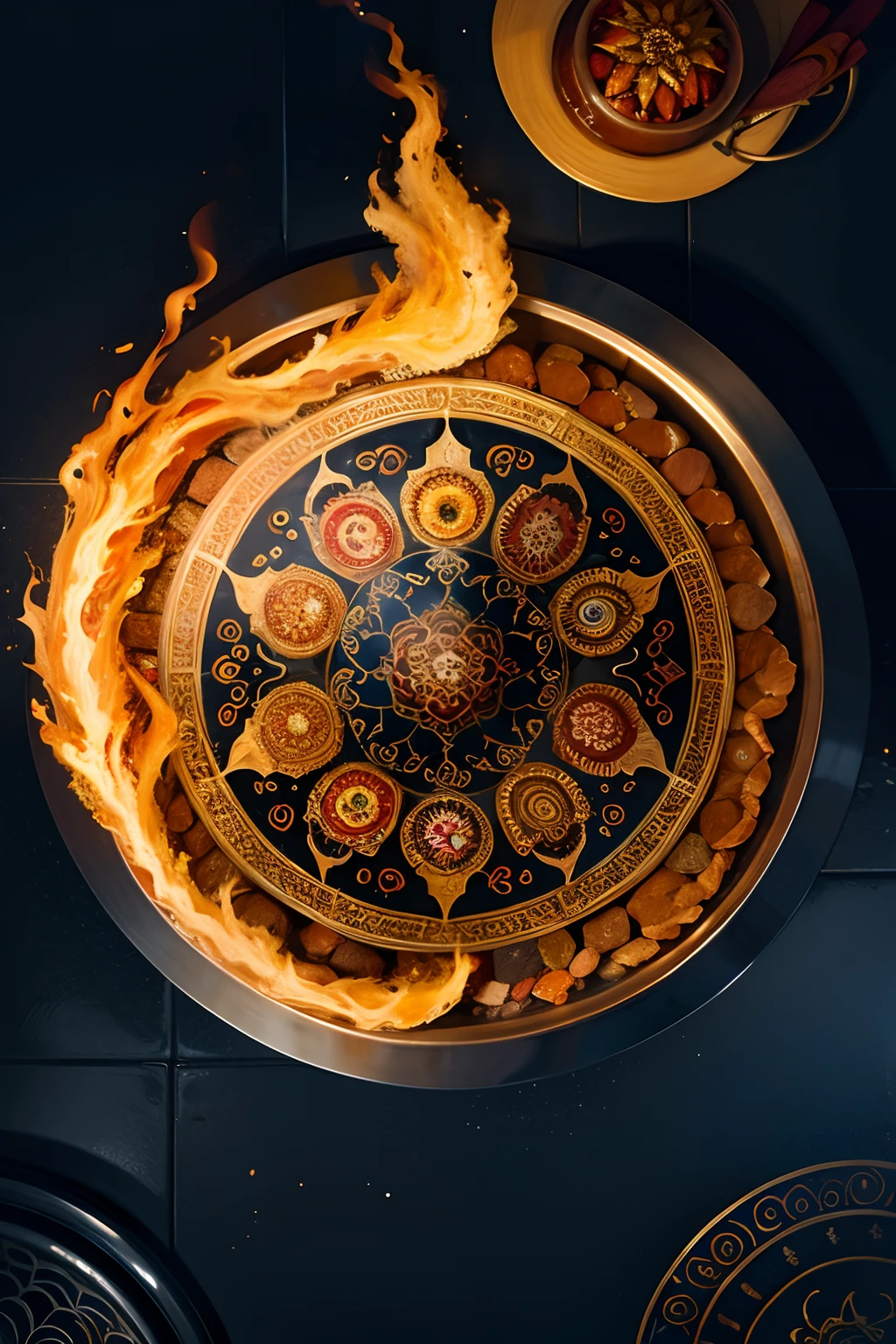 A round ornamental mandala made of fire, flames and a whirlpool of lava, surrounded by stone.