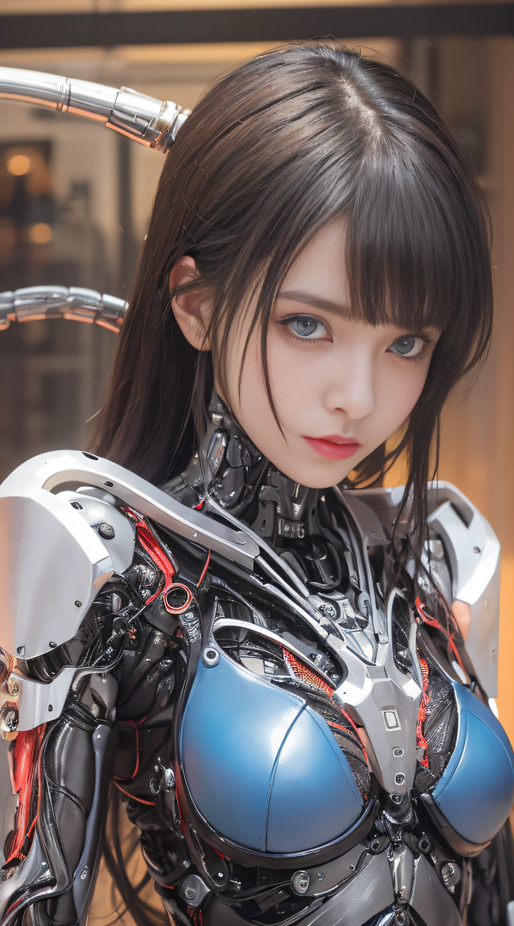 Top Quality, Masterpiece, Ultra High Resolution, (Photorealistic: 1.4), Raw Photo, 1 Girl, Black Hair, Glossy Skin, 1 Mechanical Girl, (Ultra Realistic Detail)), Portrait, Global Illumination, Shadows, Octane Rendering, 8K, Ultra Sharp, Big, Cleavage Exposed Raw Skin, Metal, Intricate Ornament Details, Japan Details, Very intricate details, realistic light, CGSoation trend, purple eyes, glowing eyes, facing the camera, neon details, mechanical limbs, blood vessels connected to the tube, mechanical vertebrae attached to the back, mechanical cervical attachment to the neck, sitting, wires and cables connecting to the head, gundam, small LED lamps,