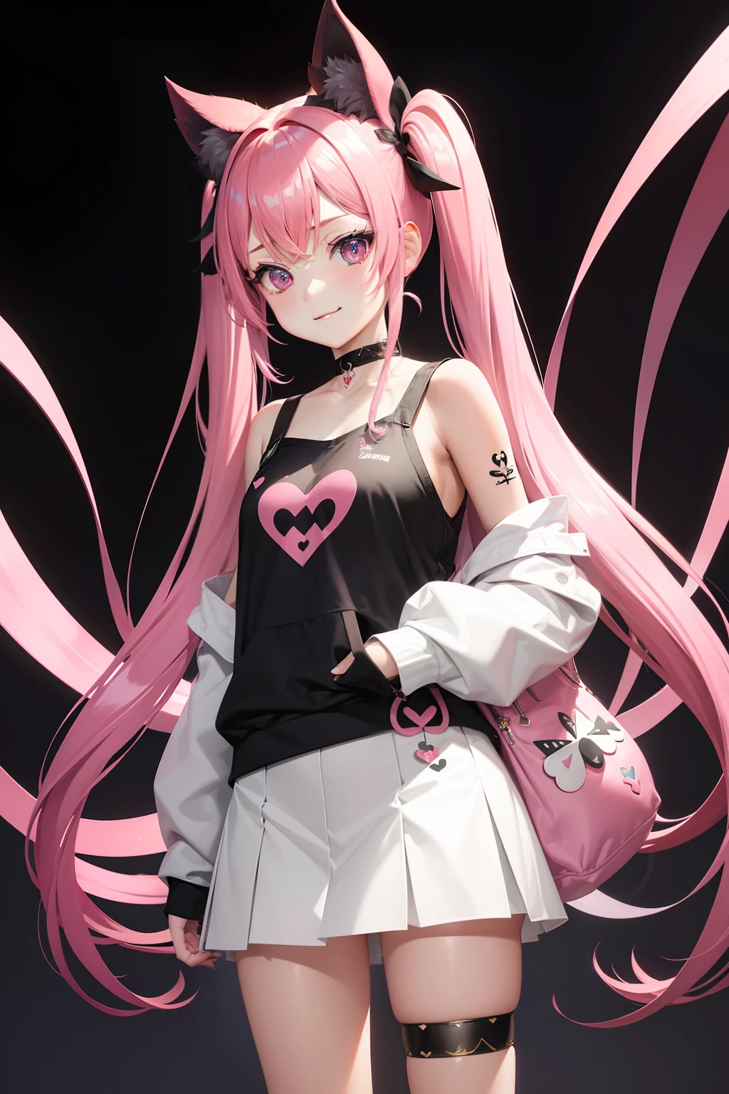 full body Esbian, masutepiece: 1.2, Highest Quality), (Live-action, elaborate details), (1 Lady, Solo, Upper body,) Clothing: Edgy, Black long jumper, pink miniskirt, long hair with pink twin tails,,,,,,,,,,,,,、Avant-garde, Experimental appearance: Long pink twin tail hair 、Heart-shaped choker、The location: bustling city、Solo, Nice smile、Value Creation in Mixed Media Art: individuality, authenticity, Creative expression