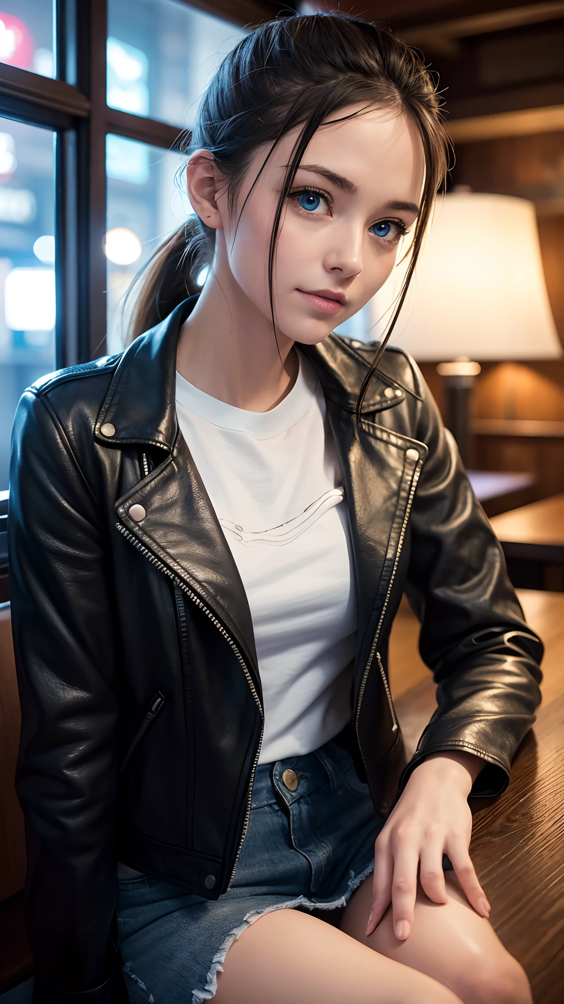 (8k, RAW photo, best quality, masterpiece:1.2), (realistic, photo-realistic:1.37),1 girl, cute, adorable, (blue eyes), light smile, (solo),detailed face, round face, ponytail, slender, petite breast, leather jacket, white tshirt, dramatic angle, head tilt, ((head resting on hand)), night lights, neon lights, inside pub, sitting by the window, small head, (facing away),