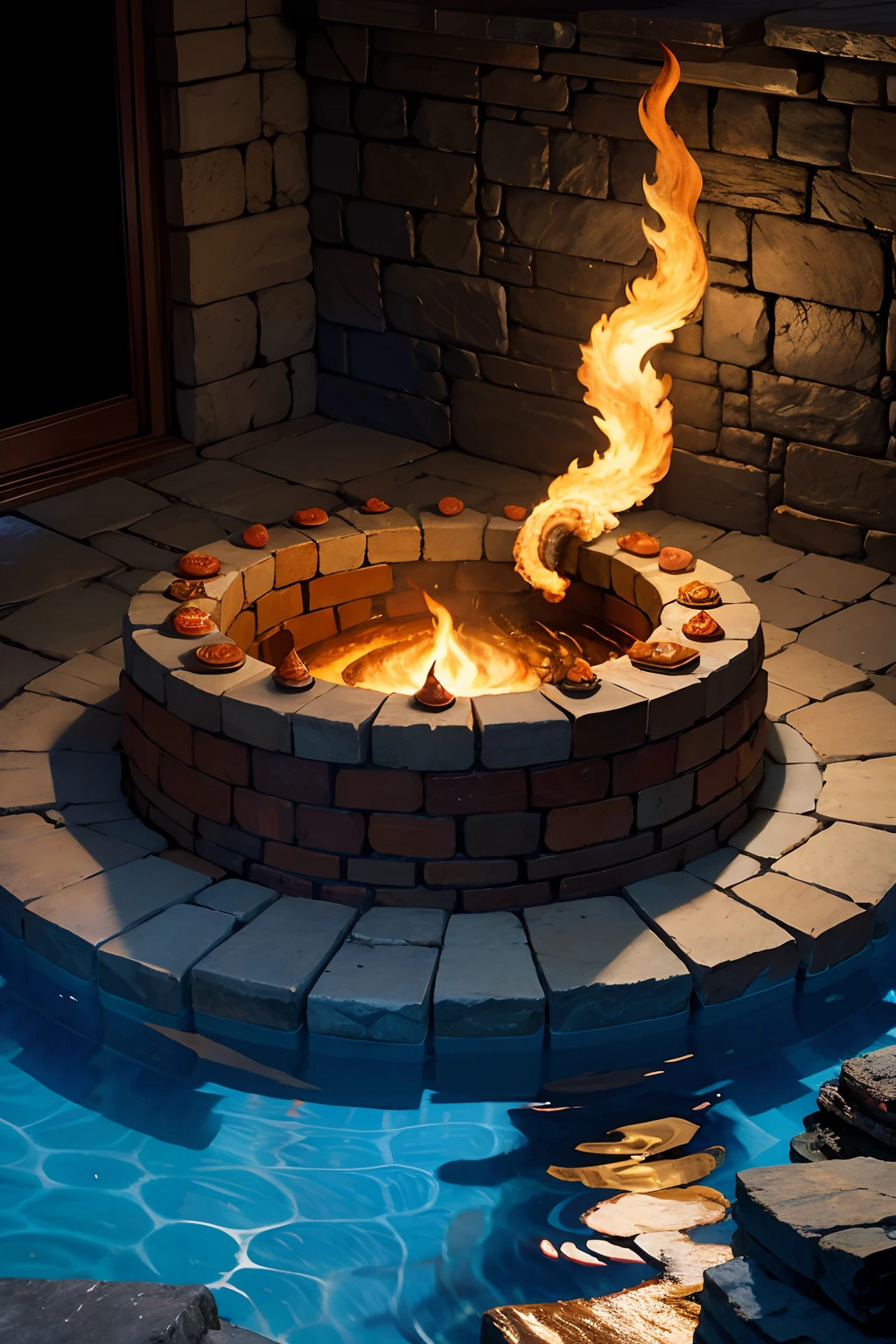 A round ornamental mandala made of fire, flames and a whirlpool of lava, surrounded by stone.