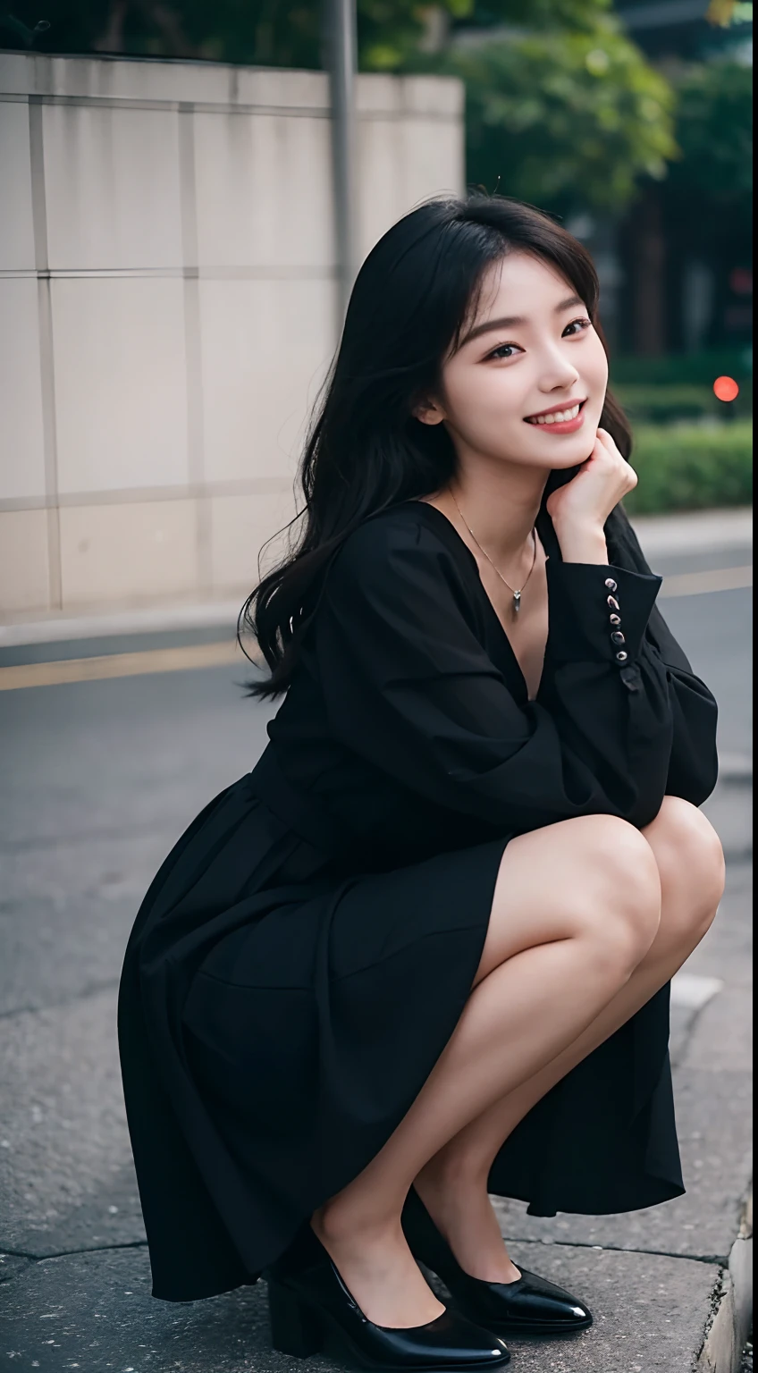 araffe woman in a black dress and black shoes posing for a picture, korean girl, lovely smile, beautiful and smiling, charming smile, profile pic, young asian girl, xintong chen, korean woman, jaeyeon nam, profile picture, she expressing joy, 8k 50mm iso 10, chiho, inspired by Kim Jeong-hui