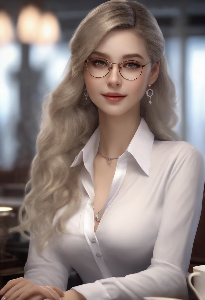 At best....., high-detail, master-piece, ultra-detail, (Realistic:1.2), 1girls, ( Cafe Background),, delicate eyes, silver-haired, purple eyes, Hair ornaments, (Clear Buttons White Tight Office Shirt:1.3),Hair length, light_ear, diadem_braid, expressionless, straight hair, (++ Seated: 1.2), large boobs,lifelike,soft colors,Wear glasses, best quality, masterpiece, highres, 1girl, transparent silk china dress, beautiful face, hair ornament, looking at viewer, smile, closed mouth,lips, dress,hair ornament, necklace, jewelry, long hair, earrings, Beautiful face,upon_body, tyndall effect,photorealistic, dark studio, rim lighting, two tone lighting,(high detailed skin:1.2), 8k uhd, dslr, soft lighting, high quality, volumetric lighting, candid, Photograph, high resolution, 4k, 8k, Bokeh