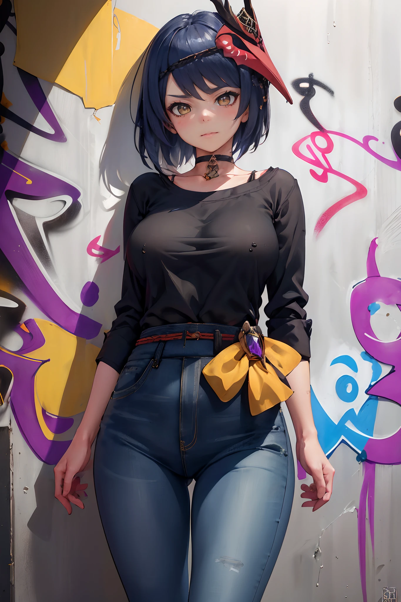 Kujou Sara Genshin Effect, masterpiece, bestquality, 1girls, oversized breasts, bara, dress shirt, Long Jeans, choker, (Graffiti:1.5), Splash with purple lightning pattern., arm behind back, against wall, View viewers from the front., Thigh strap, Head tilt, bored, water eyes,