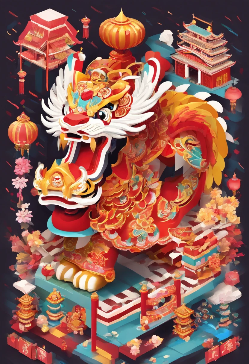 lion dance, depth of fields，jubilation, festivity, exhilarated, Streamers
