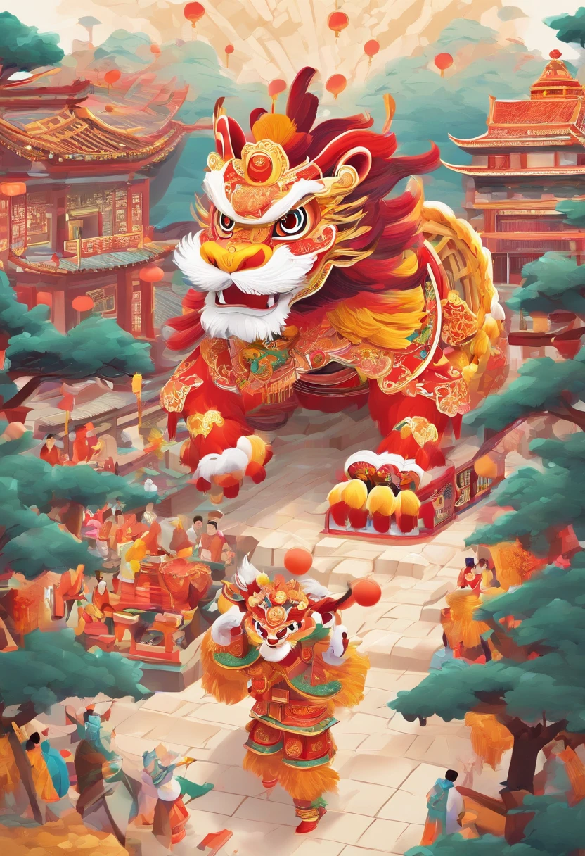 lion dance, depth of fields,jubilation, festivity, exhilarated, Streamers
