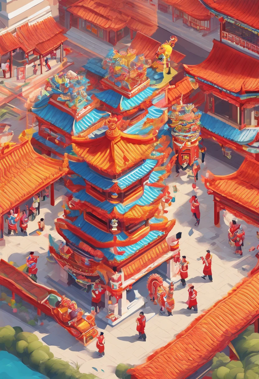 lion dance, depth of fields，jubilation, festivity, exhilarated, Streamers