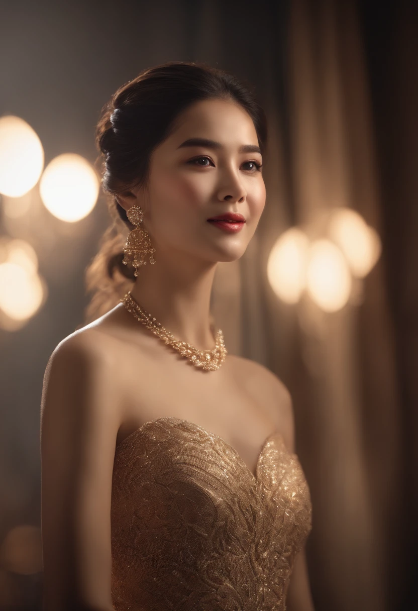 best quality, masterpiece, highres, 1girl, transparent silk china dress, beautiful face, hair ornament, looking at viewer, smile, closed mouth,lips, dress,hair ornament, necklace, jewelry, long hair, earrings, Beautiful face,upon_body, tyndall effect,photorealistic, dark studio, rim lighting, two tone lighting,(high detailed skin:1.2), 8k uhd, dslr, soft lighting, high quality, volumetric lighting, candid, Photograph, high resolution, 4k, 8k, Bokeh