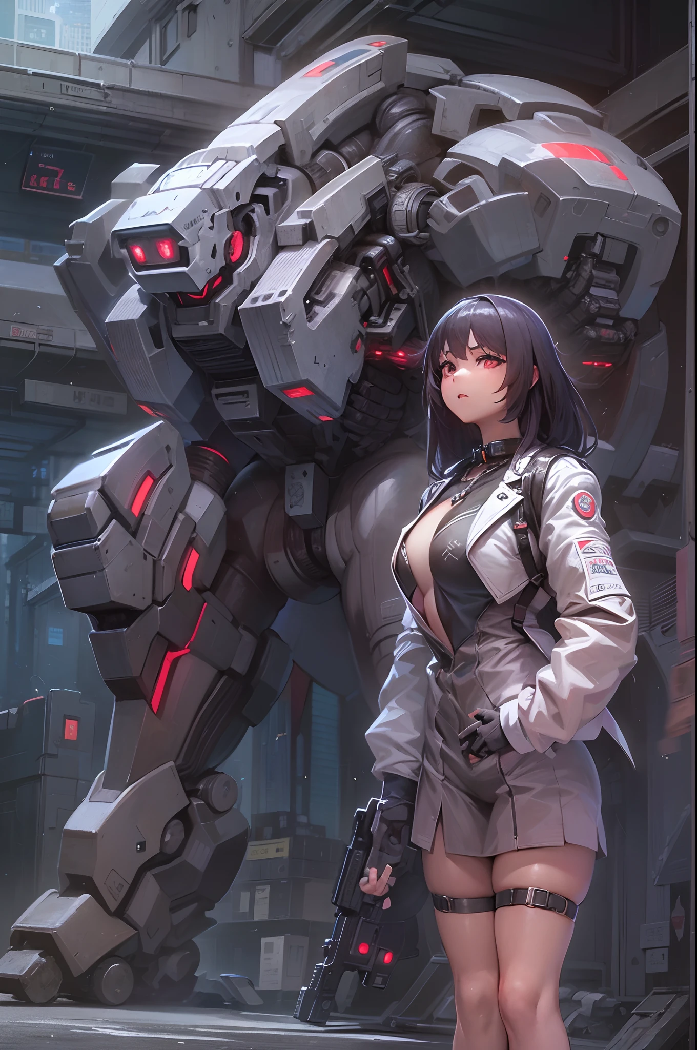Anime girl in metal suit standing next to a giant robot, artwork in the style of guweiz, Cyberpunk anime girl mecha, Trending on CGSTATION, guweiz, By Russell Dongjun Lu, Digital Cyberpunk Anime Art, ross tran 8 k, guweiz on artstation pixiv, Girl in Mecha Cyber Armor,(Dynamic pose, somersault:1.5),((huge chest:1.5))