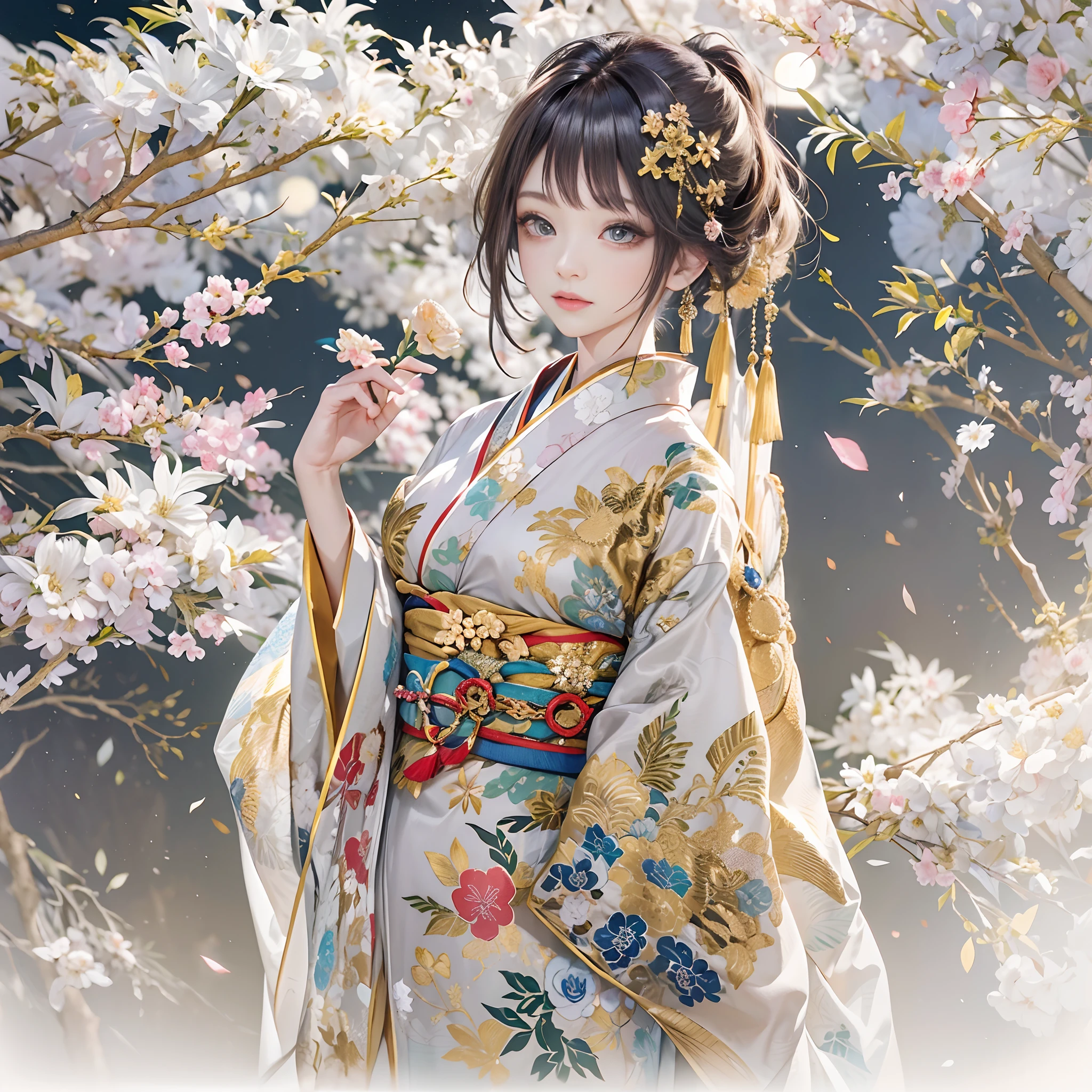 Try to give your audience a bouquet、
watching at viewers、for the background(ancient city:1.2)And the moon、((dense background))、poneyTail、Woman with shiny black hair、perfect hand、BREAK {{{Luxury kimono(Colorful kimono(Detailed golden embroidery,))}}}、face perfect,Depict a beautiful and graceful woman of Japan。poneyTail、Heart in the eye。full body Esbian。 Wallpaper 8K, .Blur the background with a sickle,((masutepiece)), ((Best Quality))