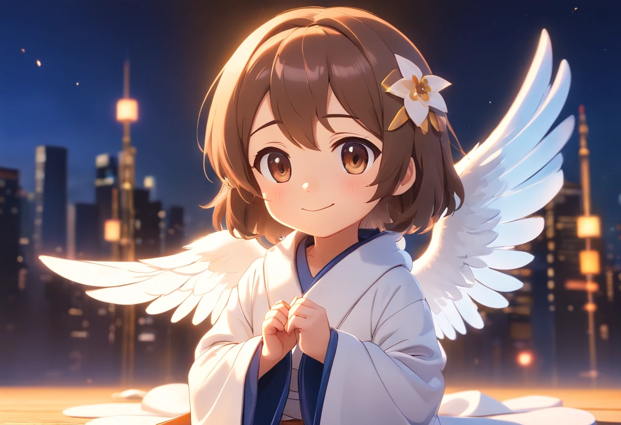 Pop Mart Blind Box IP、A smile、Close up of cute white robe doll、Young One Angel Style、Wear longer, Dress fluently、Lop style、Poseline doll、Little people々々々々々々々々。unreal enginee 5、Light 3D/C4D production: 8K HD quality/illuminating/Ultra-fine lens description 1.5、flawless、Chibi Background/Cinematic。colourfull