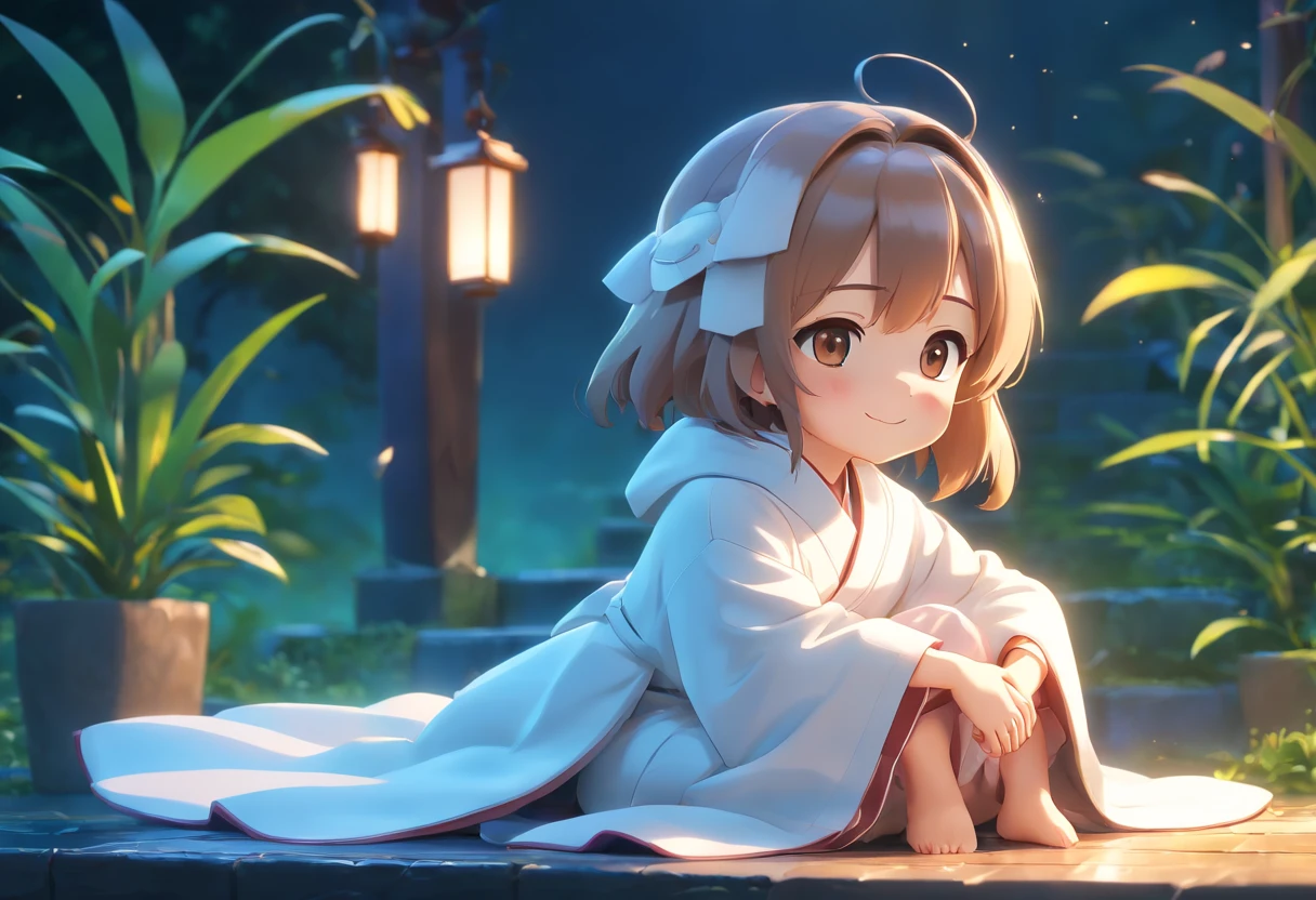 Pop Mart Blind Box IP、A smile、Close up of cute white robe doll、Young One Angel Style、Wear longer, Dress fluently、Lop style、Poseline doll、Little people々々々々々々々々々々。unreal enginee 5、Light 3D/C4D production: 8K HD quality/illuminating/Ultra-fine lens description 1.5、flawless、Chibi Background/Cinematic。