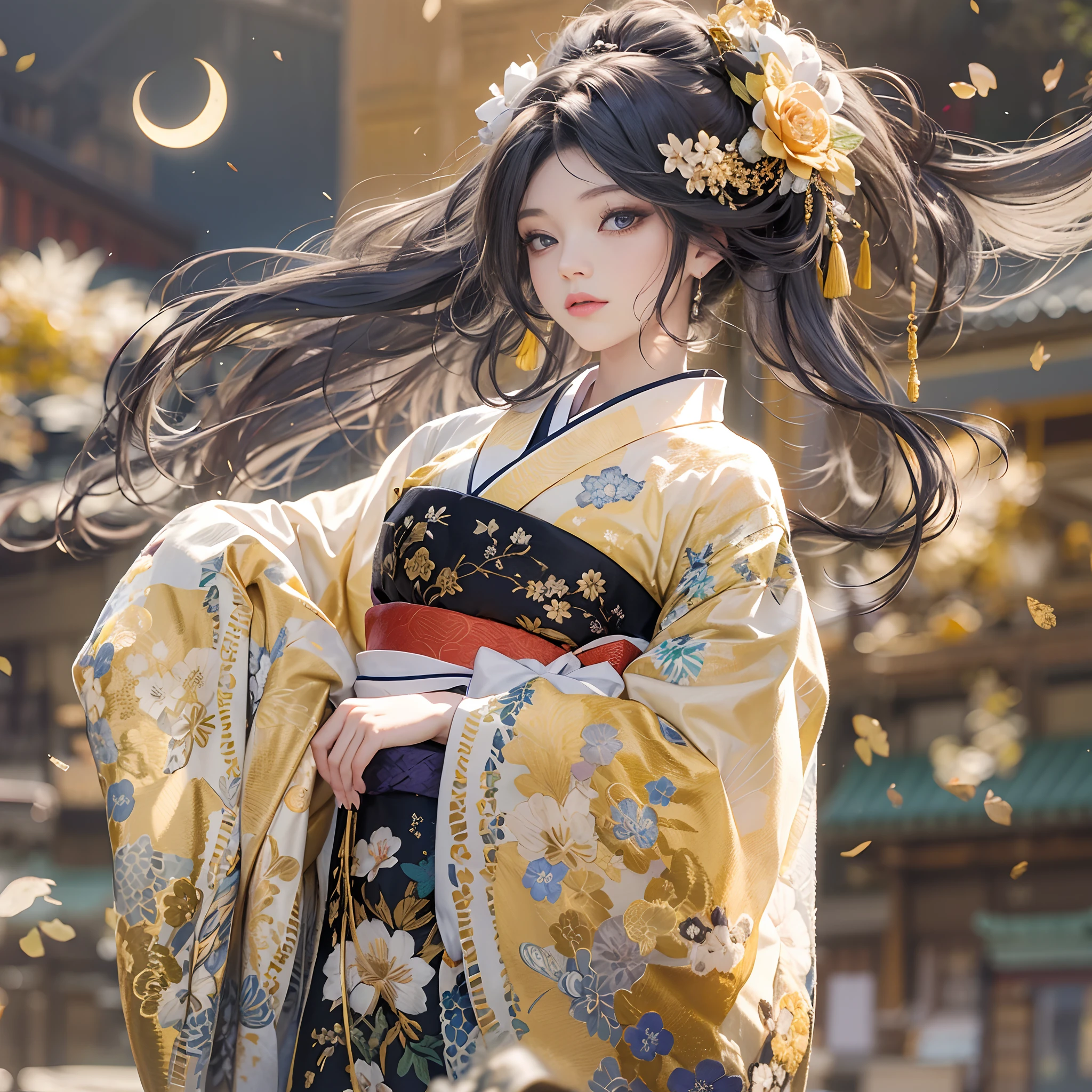 Try to give your audience a bouquet、
watching at viewers、for the background(ancient city:1.2)And the moon、((dense background))、poneyTail、Woman with shiny black hair、perfect hand、BREAK {{{Luxury kimono(Colorful kimono(Detailed golden embroidery,))}}}、face perfect,Depict a beautiful and graceful woman of Japan。poneyTail、Heart in the eye。full body Esbian。 Wallpaper 8K, .Blur the background with a sickle,((masutepiece)), ((Best Quality))