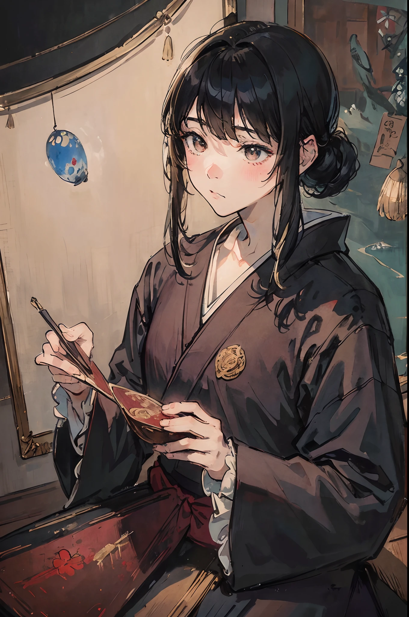 masterpiece、top-quality、Man in Japan high school uniform、Sad face、extremely delicate and beautiful、world masterpiece theater、Ultra-fine、top-quality、A dark-haired、Hi-Res、Very elaborate、shoun、top-quality、illustratio、Impasto、an oil painting、Realism、realisitic