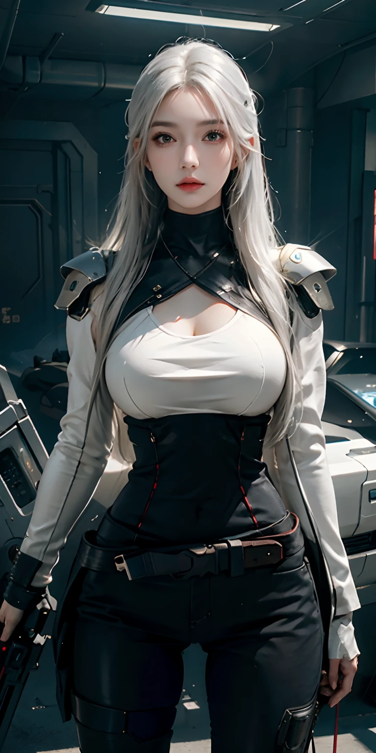 photorealistic, high resolution, soft light,1women, solo, hips up, (detailed face), white long hair, cybersamurai, cyborg, cyberpunk,  cyber armor, holding weapon,glowing,gun, mountain