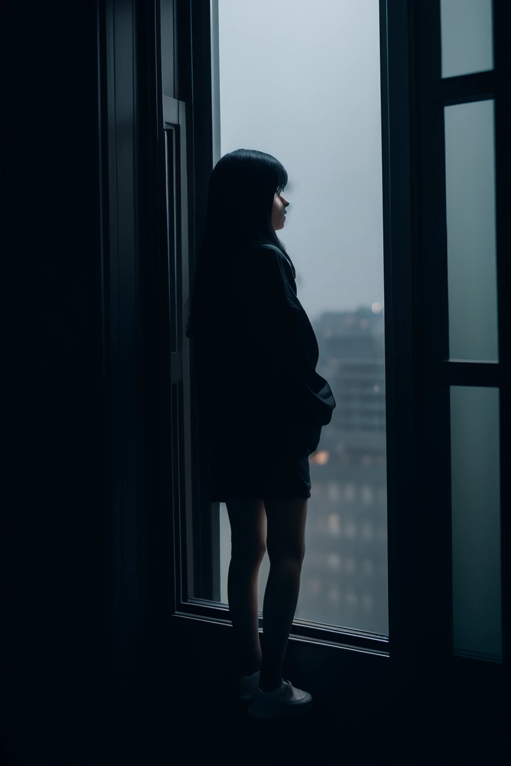 Top Quality, Masterpiece, Ultra High Resolution, Photorealistic, 1 Girl, asian, long black hair , looking outside window , (night) , ((dark lighting)) , night sky , photography, facing away from the camera , short hot pants , room, thigh , oversized clothes,