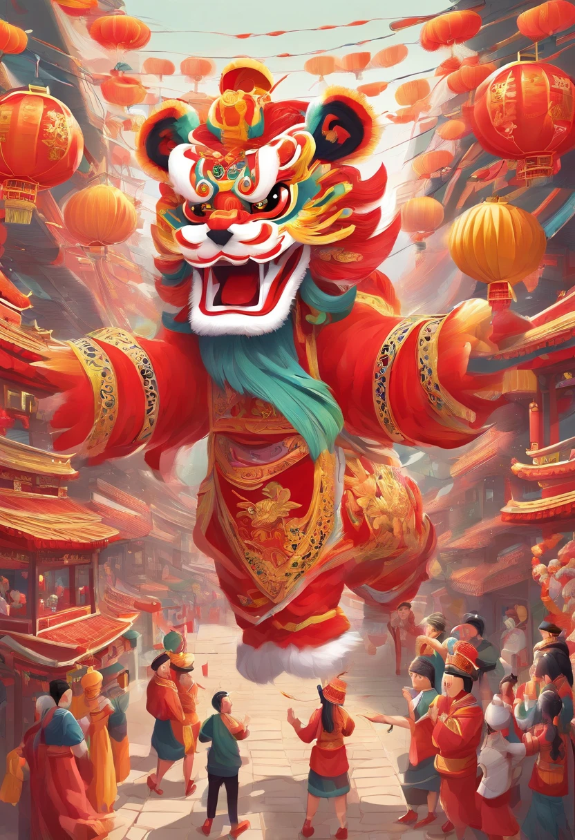 lion dance, depth of fields,jubilation, festivity, exhilarated, Streamers