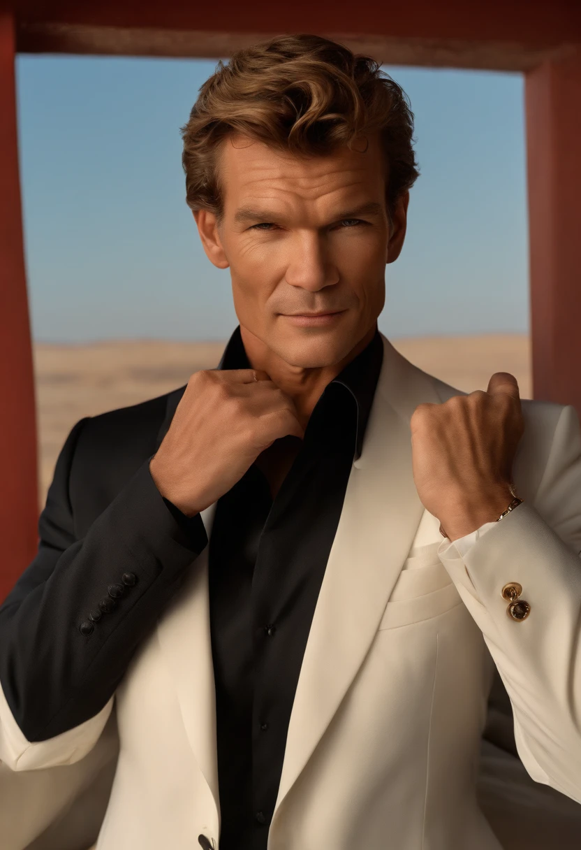 Man with red hands, Patrick Swayze's style. He wears a black suit with a white shirt and a yellow tie that contrasts with the shirt, Tall and fit, (40 years:1.1), (Shaved:1.2), (Short, slightly curly brown hair:1.5),(Very Short Hair:1.6). In the style of ethereal beauty, Realistic blue sky, هاسيلبلاد 1600F |, Ultra-realistic selfies, Strong colors, dynamic streaks, Smooth and polished .