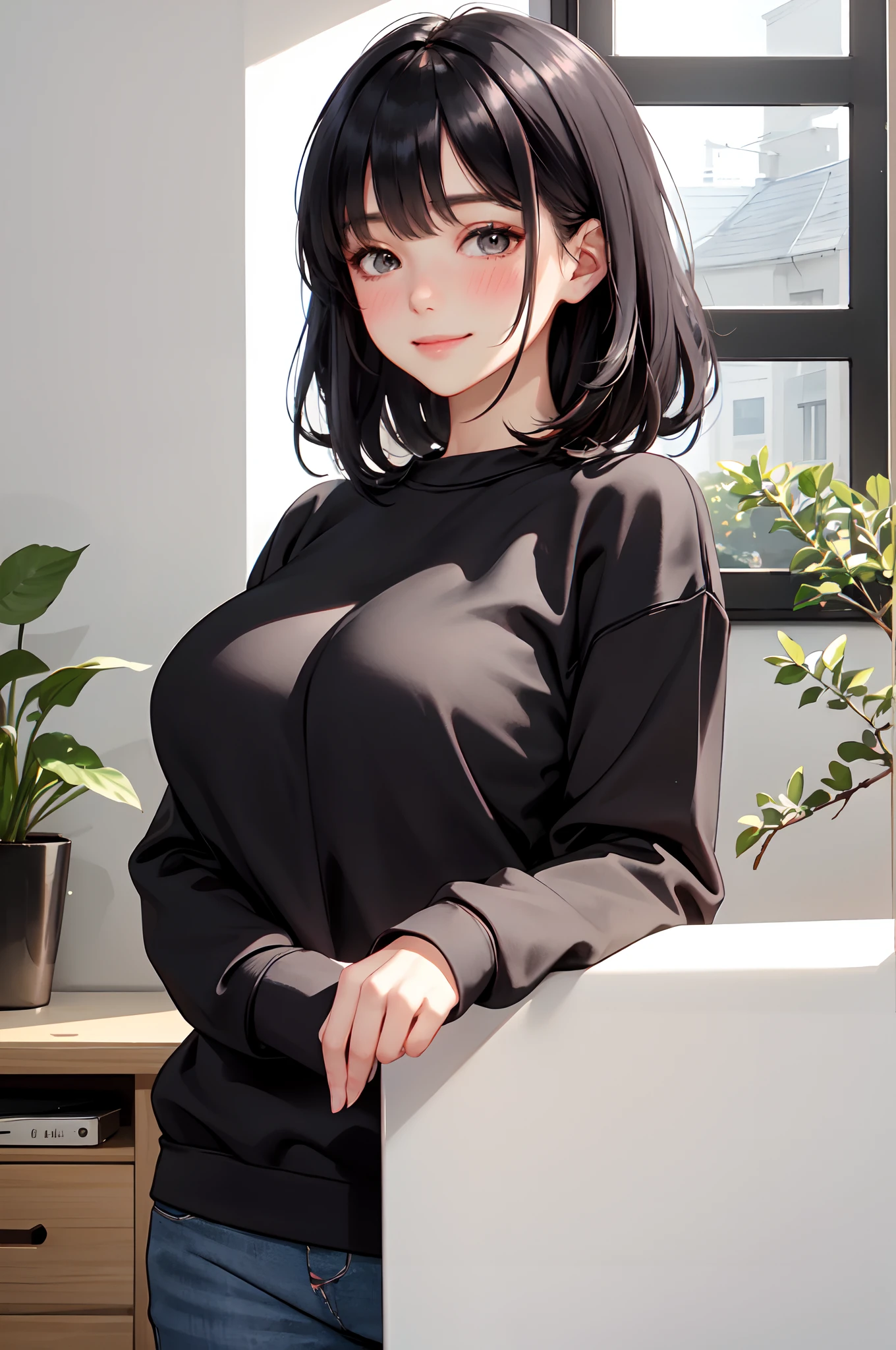 /(Modern home indoors/), 1 Lady Solo, maturefemale, /(simple sweatshirt/), /(Black hair/) Bangs, blush gentle smile, (masterpiece best quality:1.2) Ultra-detailed delicate illustrations, large full breasts